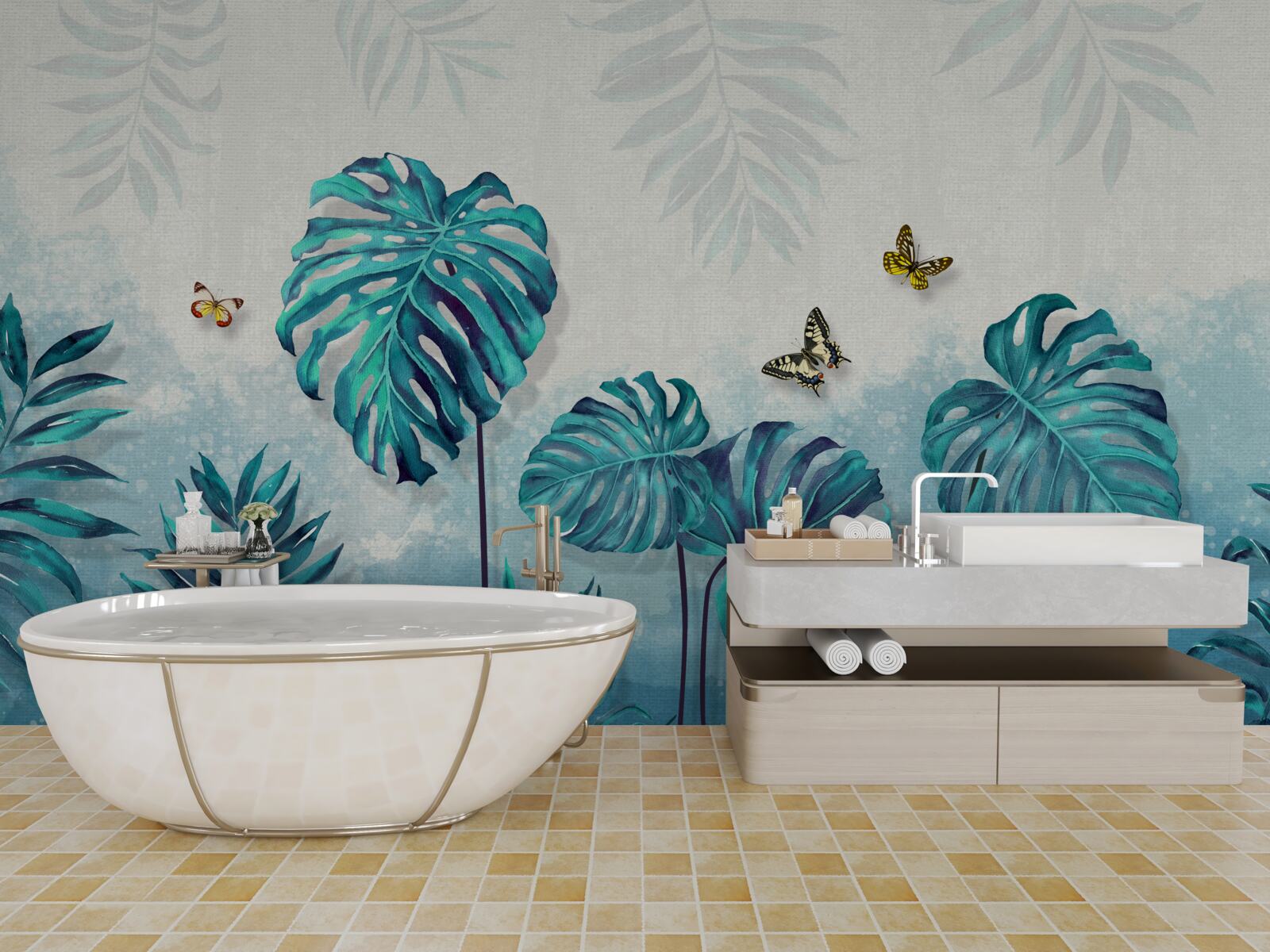 Fototapeta liście monstery są w kolorze niebieskim, ozdobione motylami