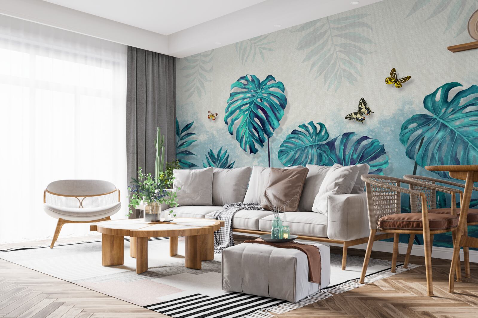 Fototapeta liście monstery są w kolorze niebieskim, ozdobione motylami