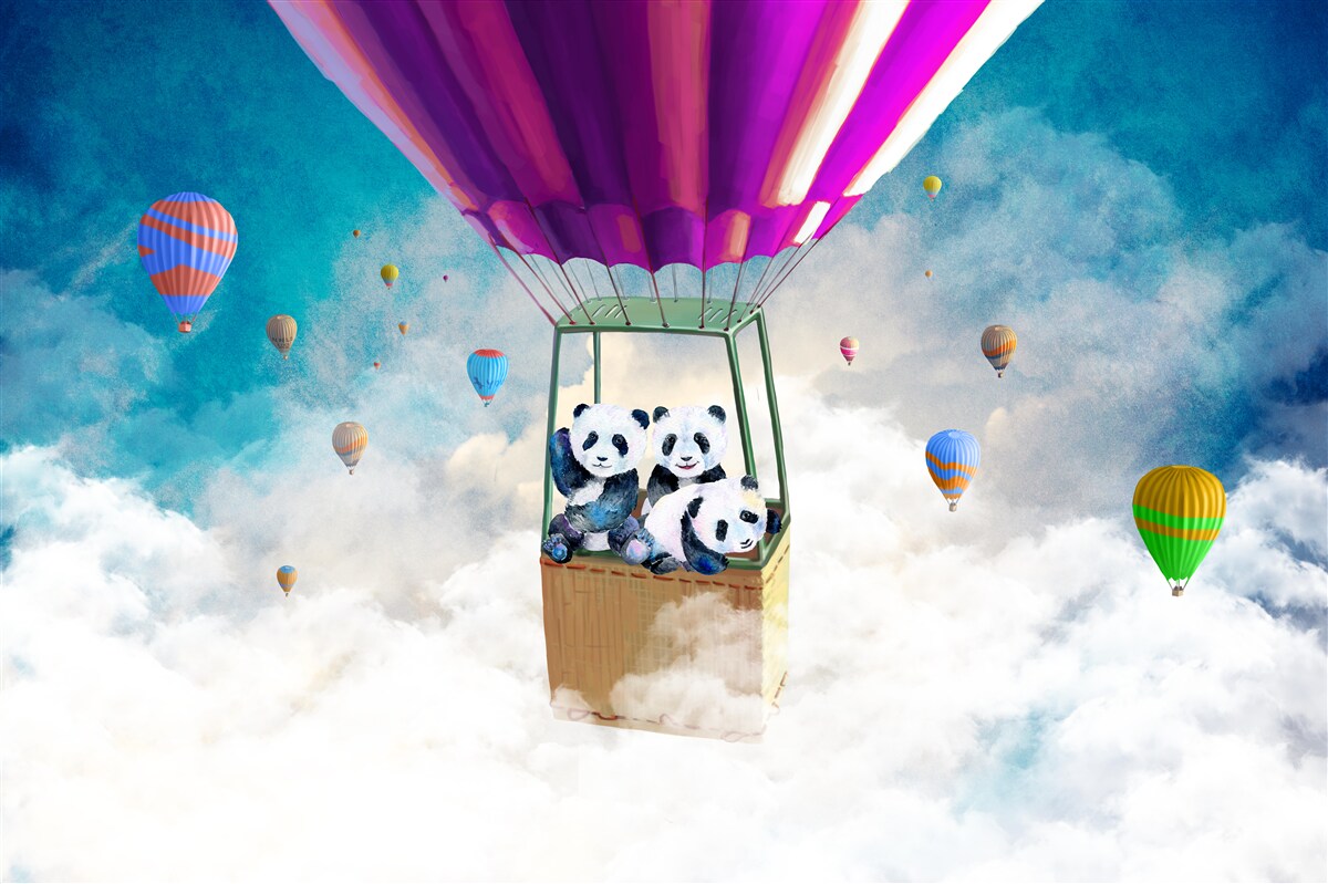 Fototapeta balon na ogrzane powietrze unosi pandy w niebo
