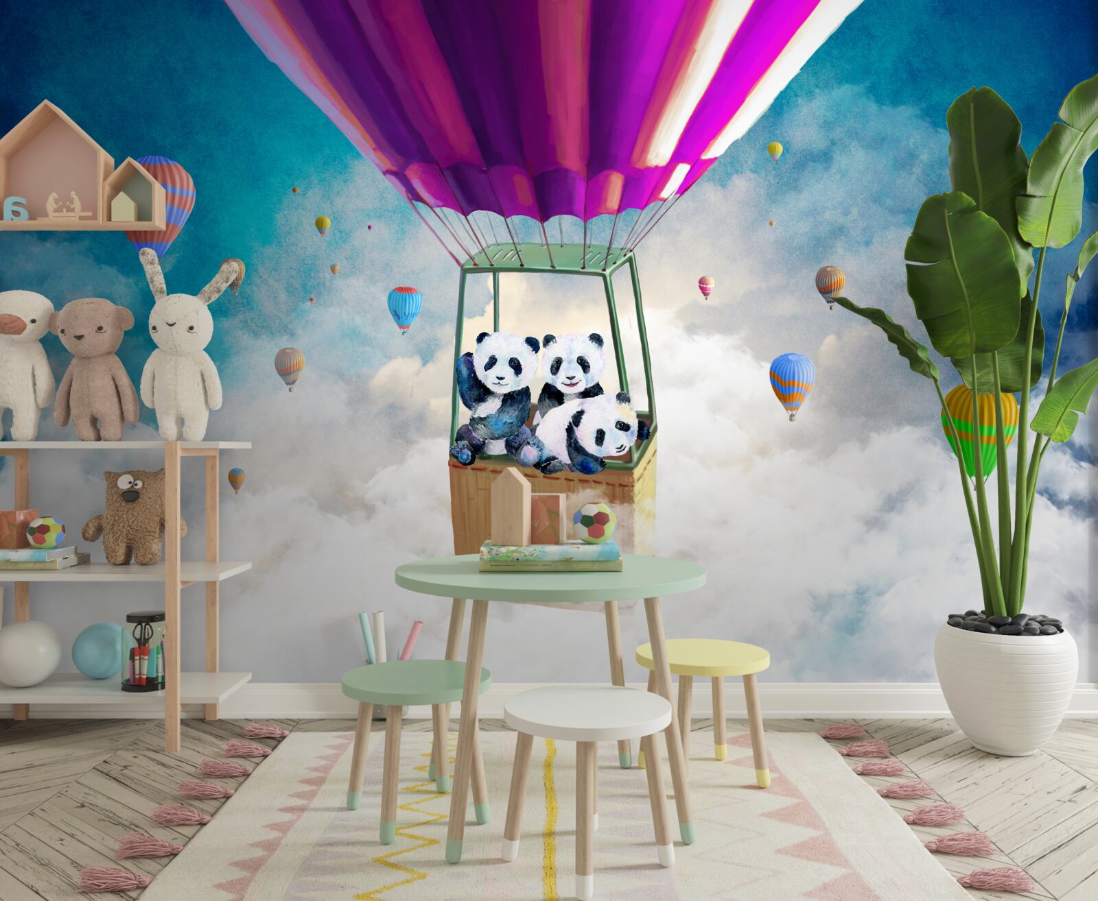 Fototapeta balon na ogrzane powietrze unosi pandy w niebo