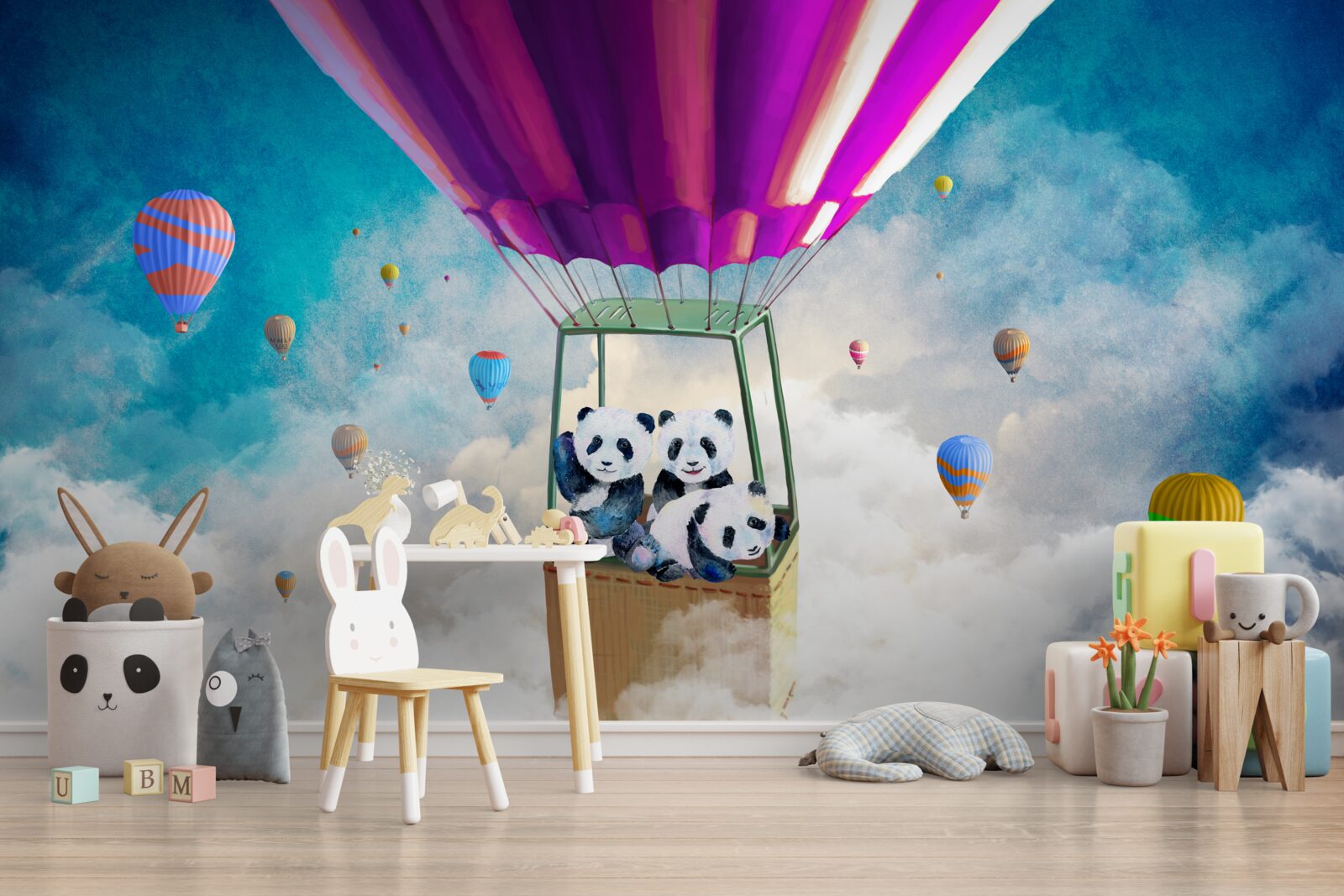 Fototapeta balon na ogrzane powietrze unosi pandy w niebo