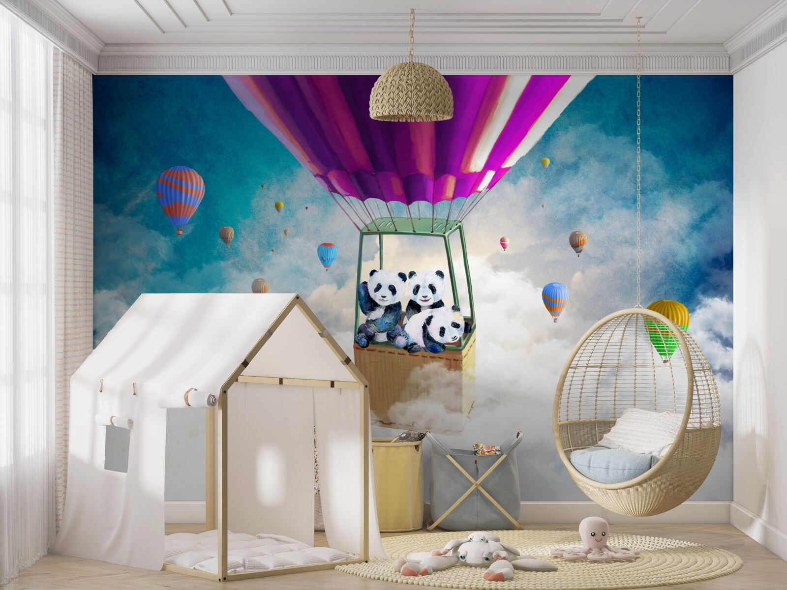 Fototapeta balon na ogrzane powietrze unosi pandy w niebo