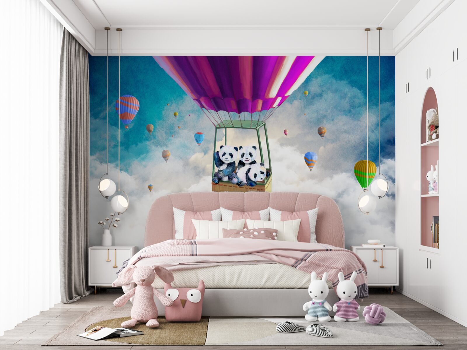 Fototapeta balon na ogrzane powietrze unosi pandy w niebo