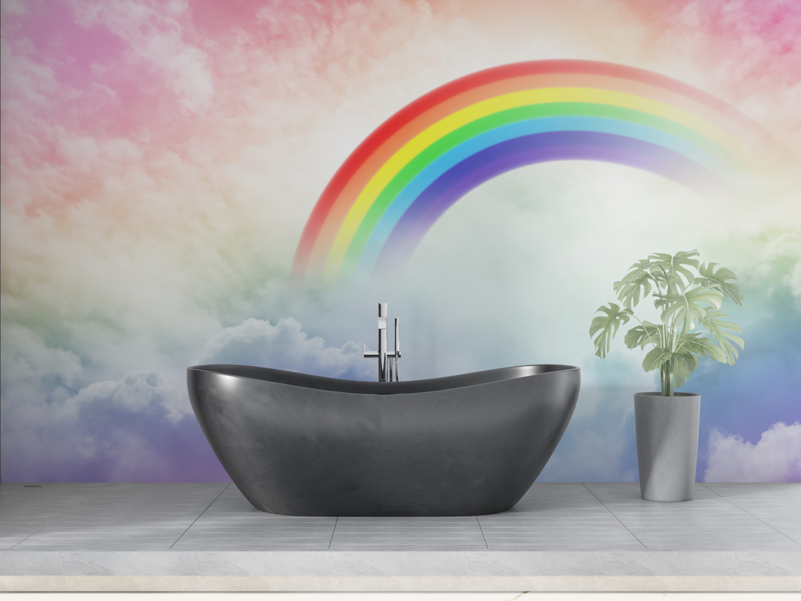 Fototapeta nad chmurami świeci kolorowa tęcza