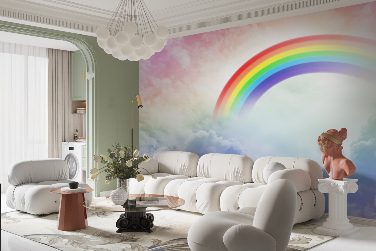 Fototapeta nad chmurami świeci kolorowa tęcza