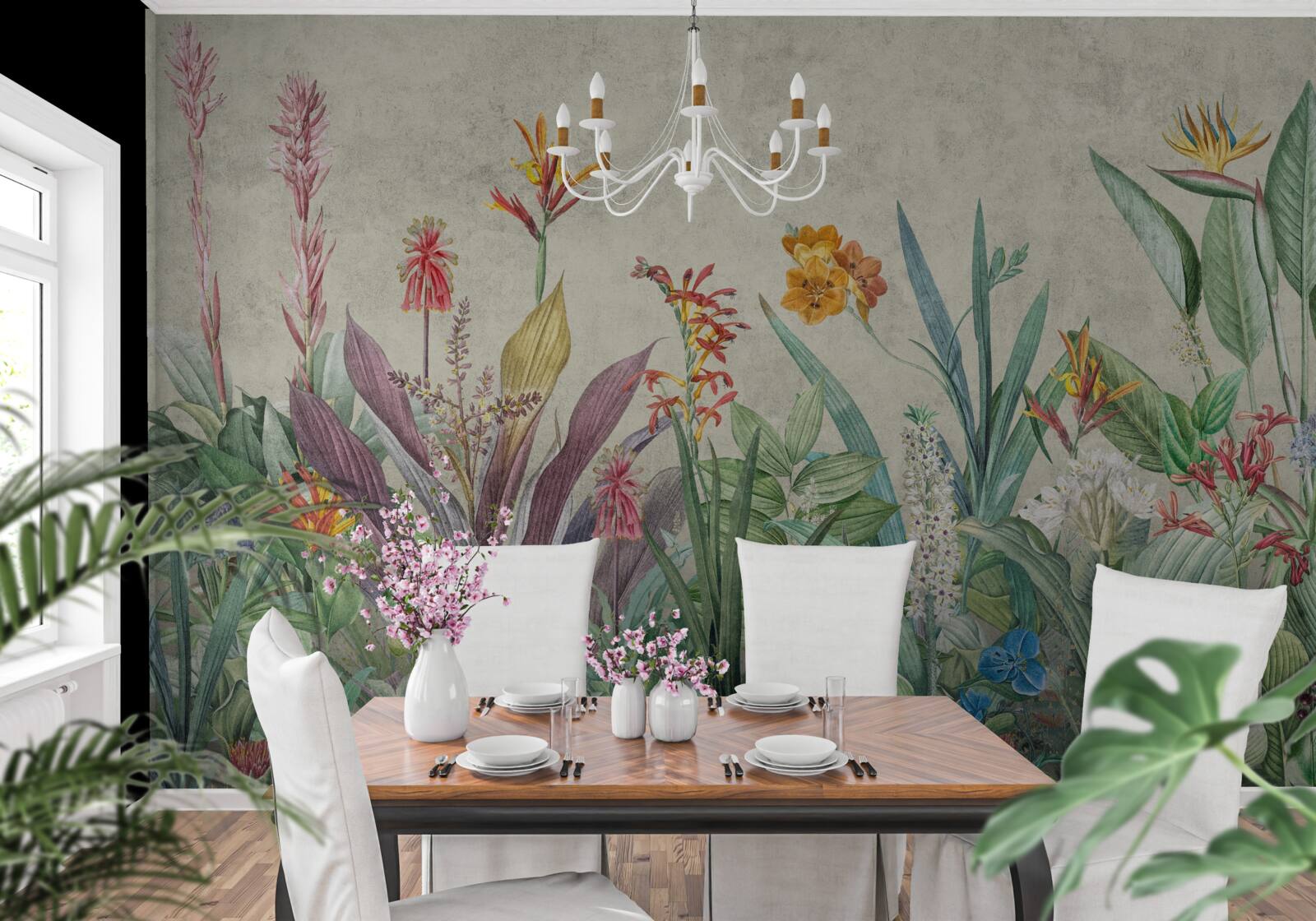 Fototapeta tropikalna zieleń z kwiatami