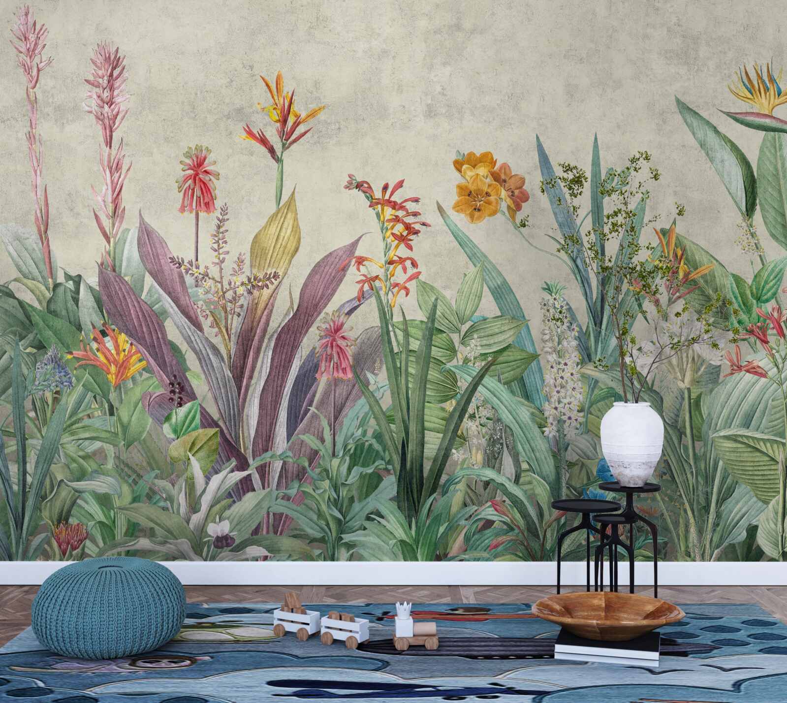 Fototapeta tropikalna zieleń z kwiatami