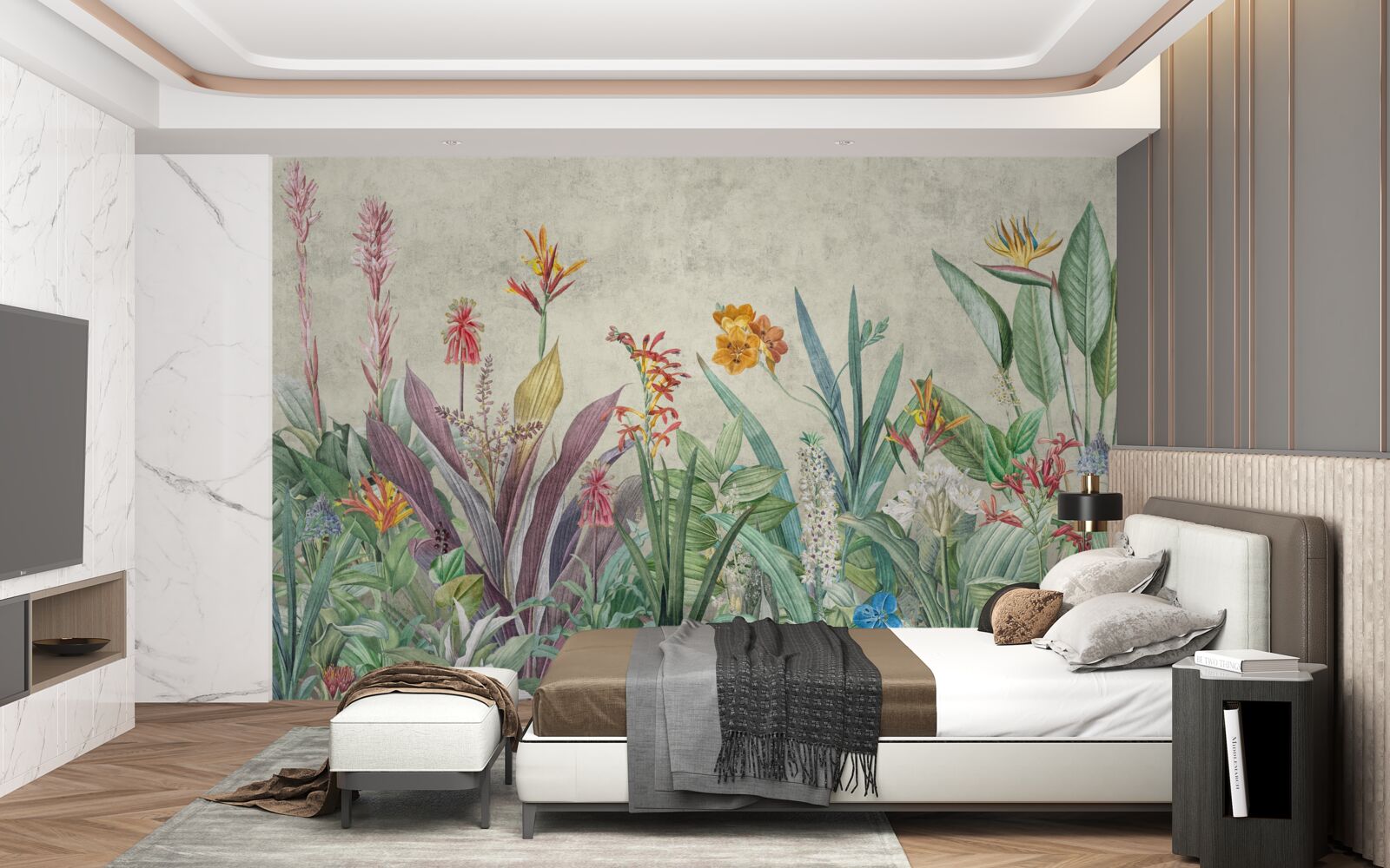 Fototapeta tropikalna zieleń z kwiatami