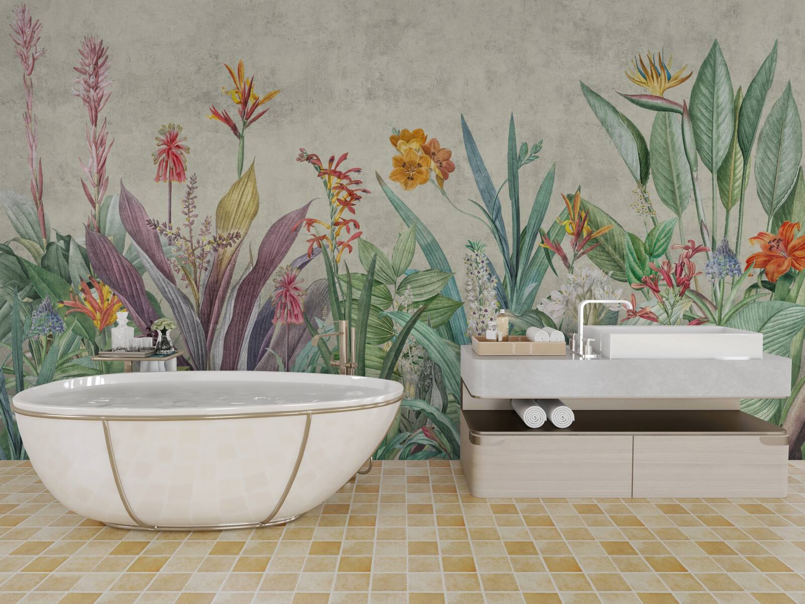 Fototapeta tropikalna zieleń z kwiatami