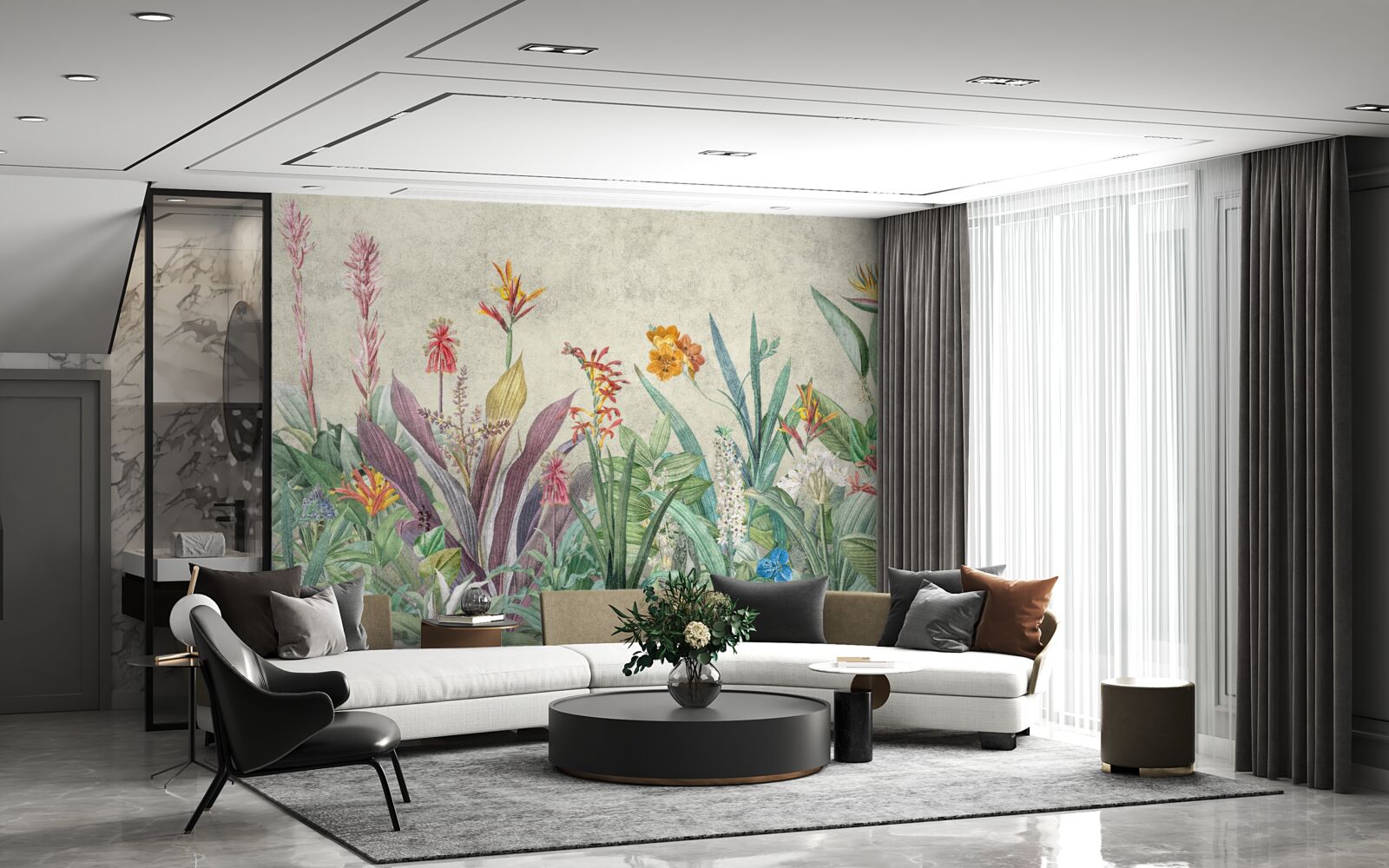 Fototapeta tropikalna zieleń z kwiatami