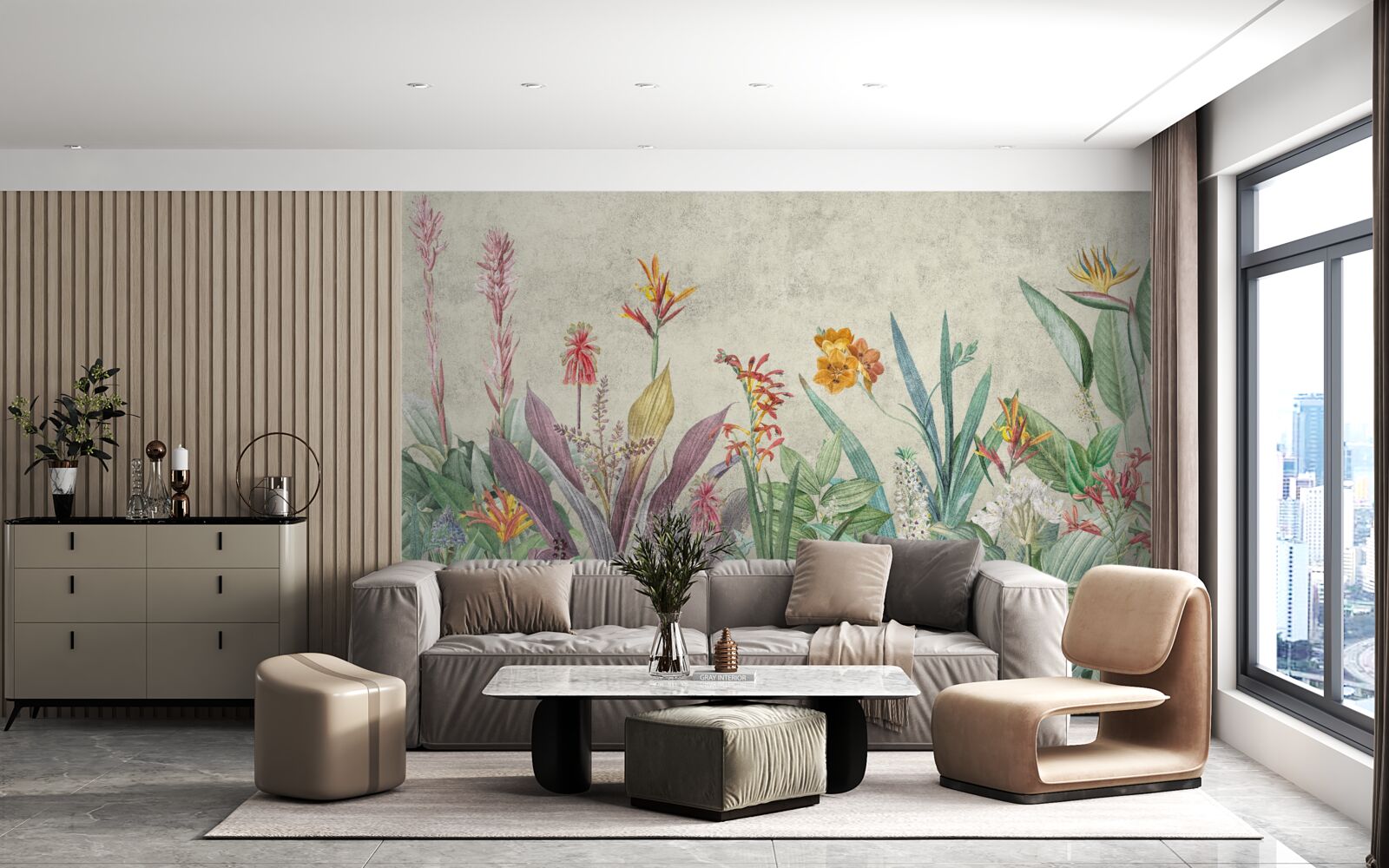 Fototapeta tropikalna zieleń z kwiatami