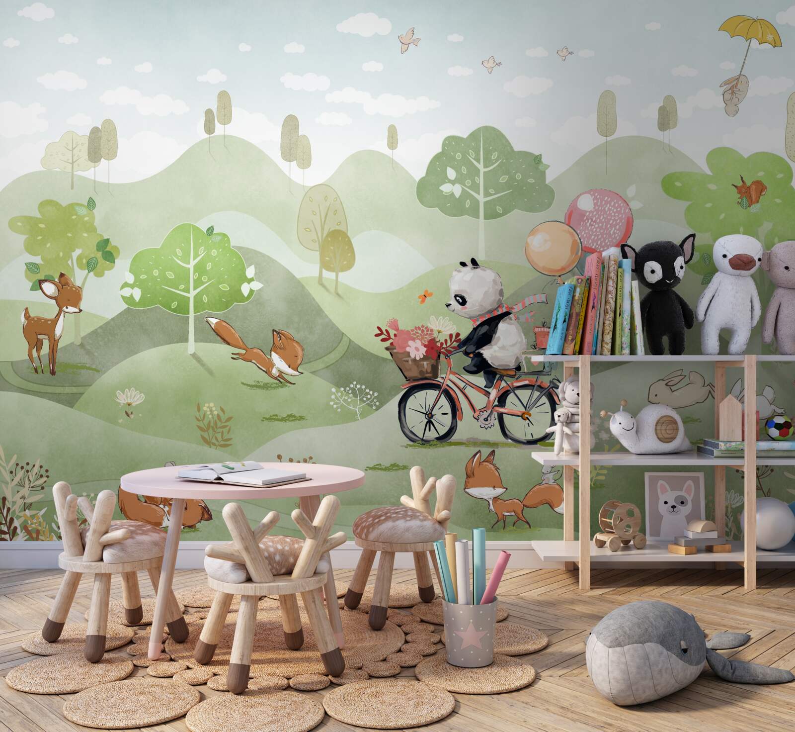 Fototapeta rower, na którym jeździ panda