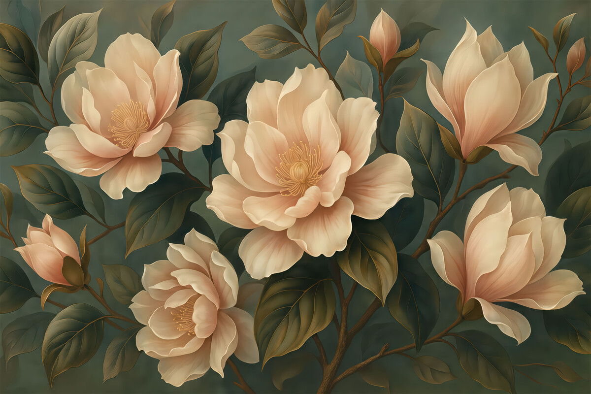 Fototapeta eleganckie magnolie na szmaragdowym tle