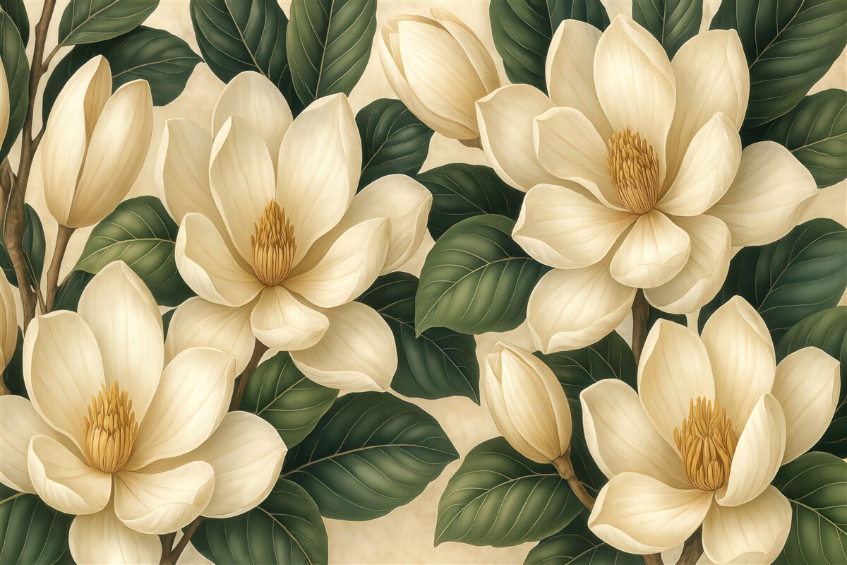 Fototapeta jasne magnolie na ciemnych liściach