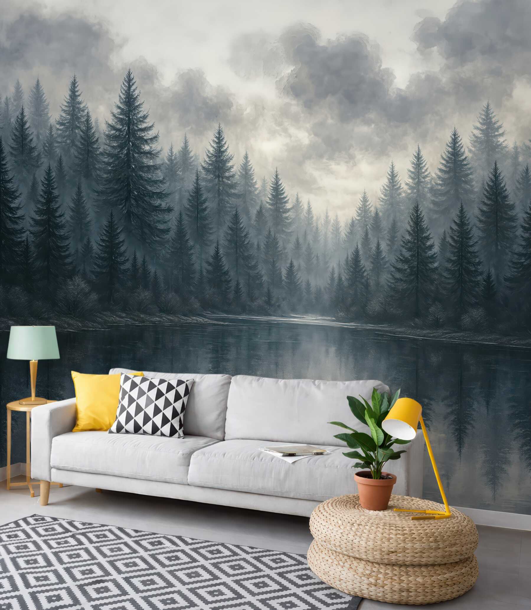 Fototapeta mglisty las nad spokojnym jeziorem