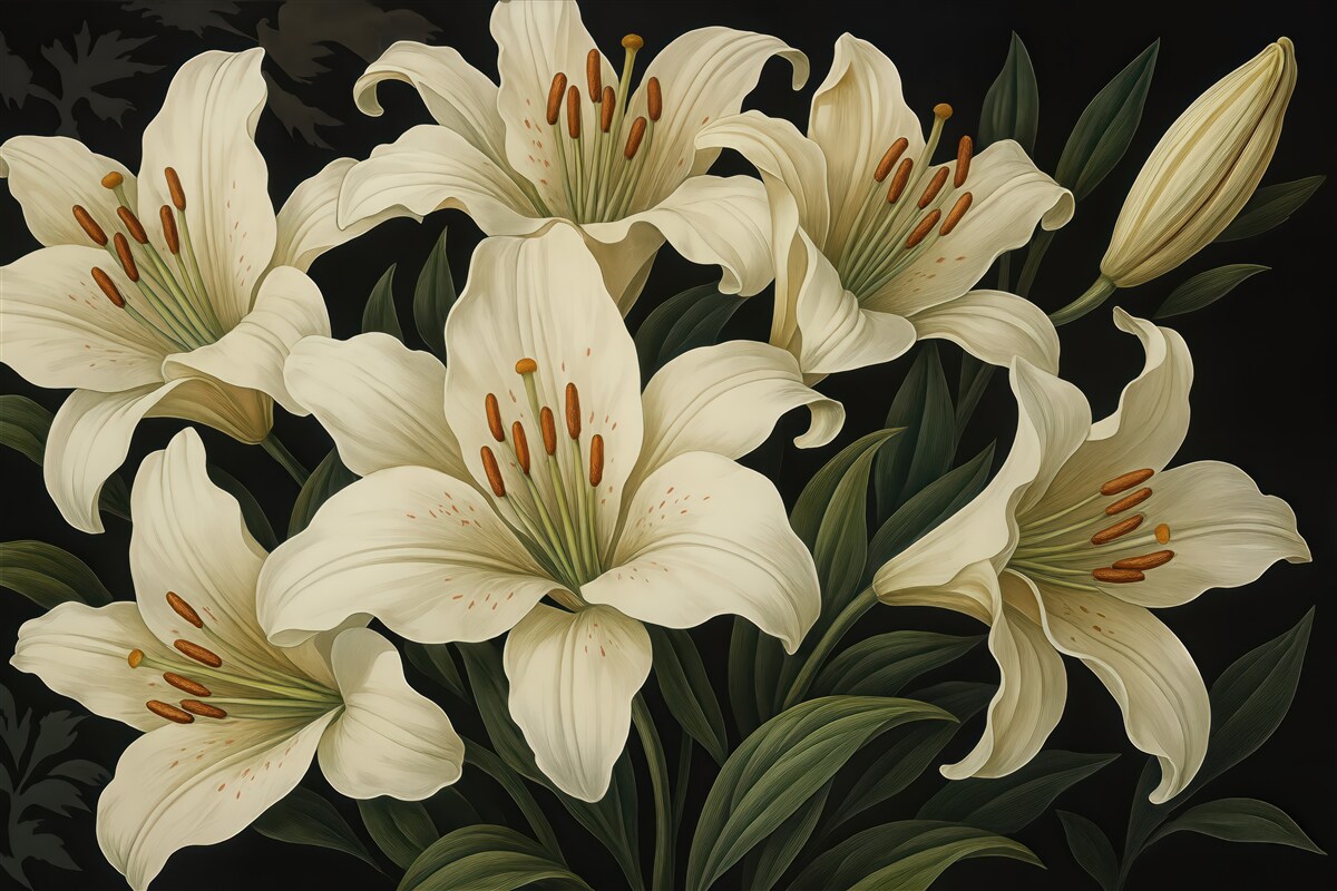 Fototapeta kremowe lilie na czarnym tle