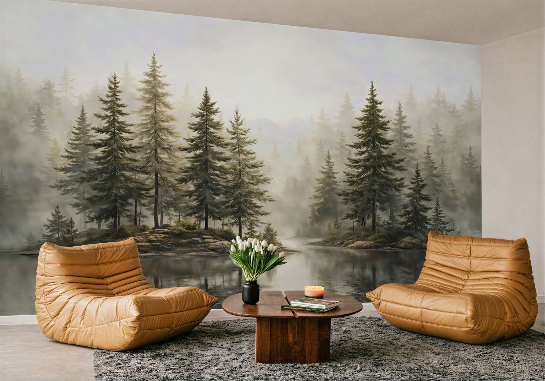 Fototapeta mglisty las nad jeziorem