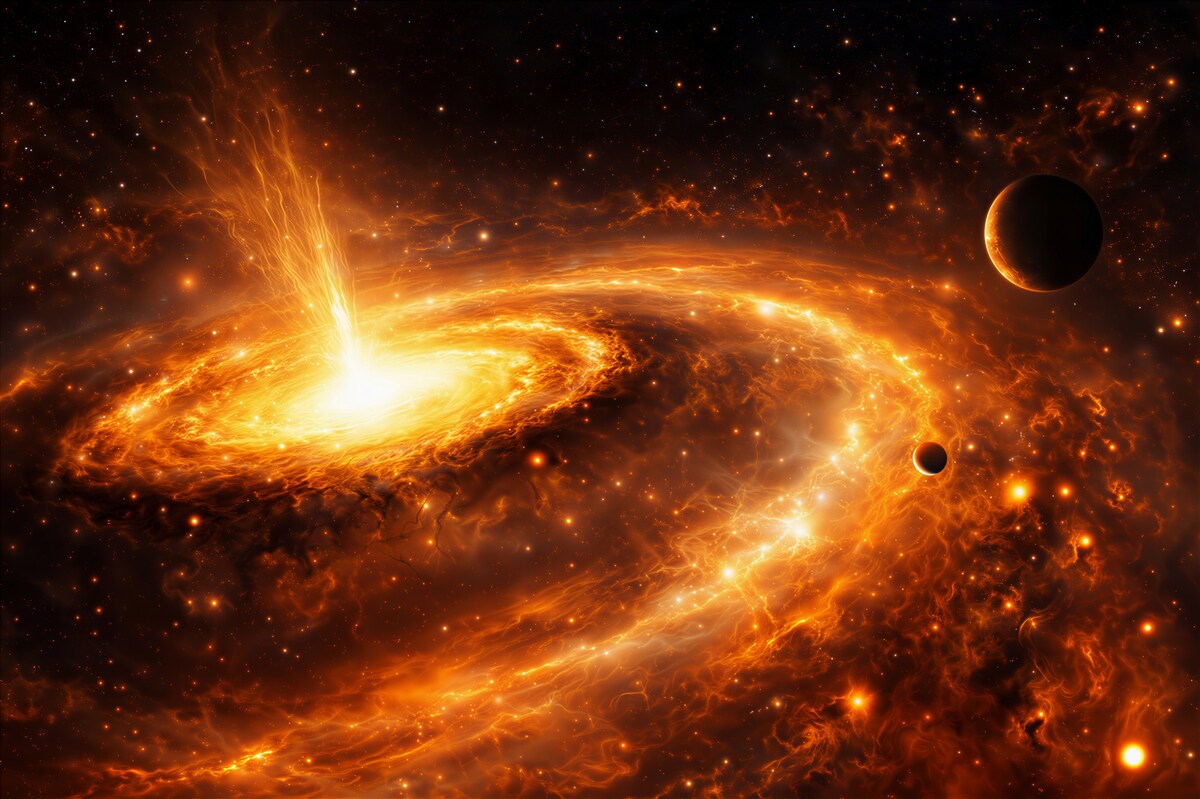 Fototapeta kosmiczna galaktyka z planetami w ognistych złotych barwach