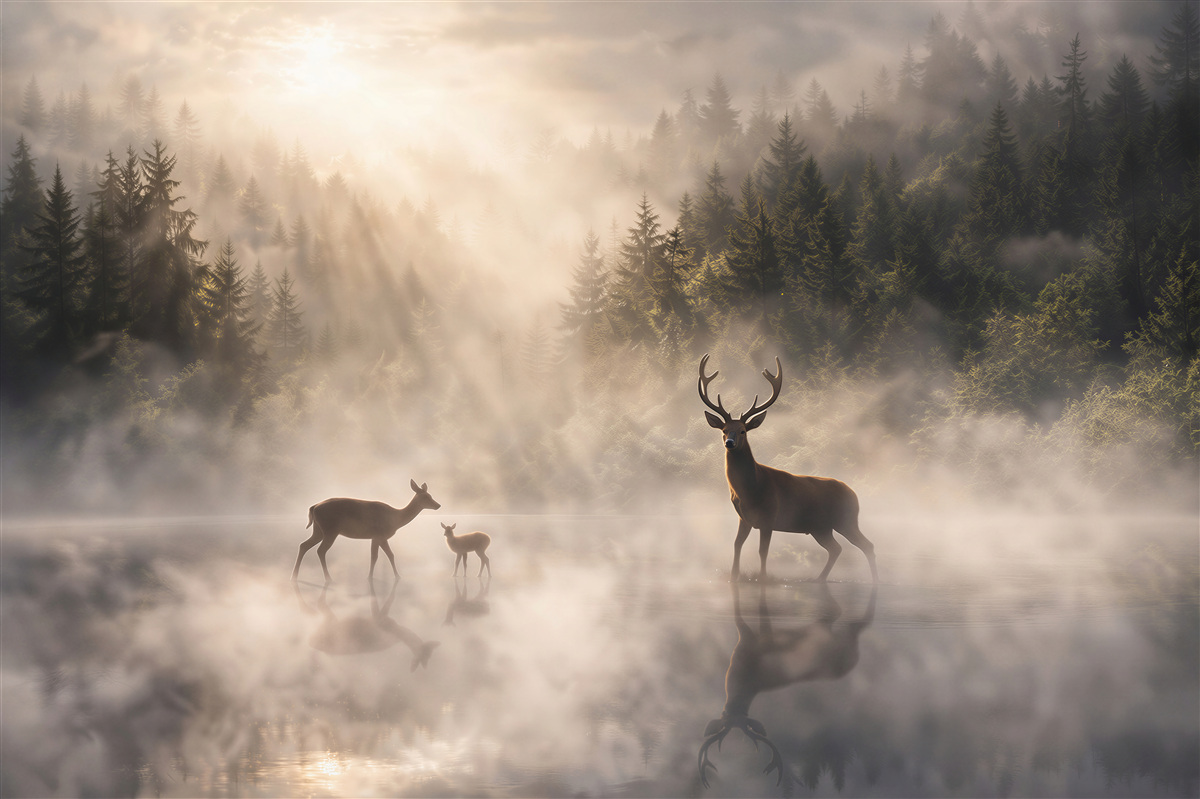 Fototapeta jelenie we mgle nad leśnym jeziorem naturalny krajobraz