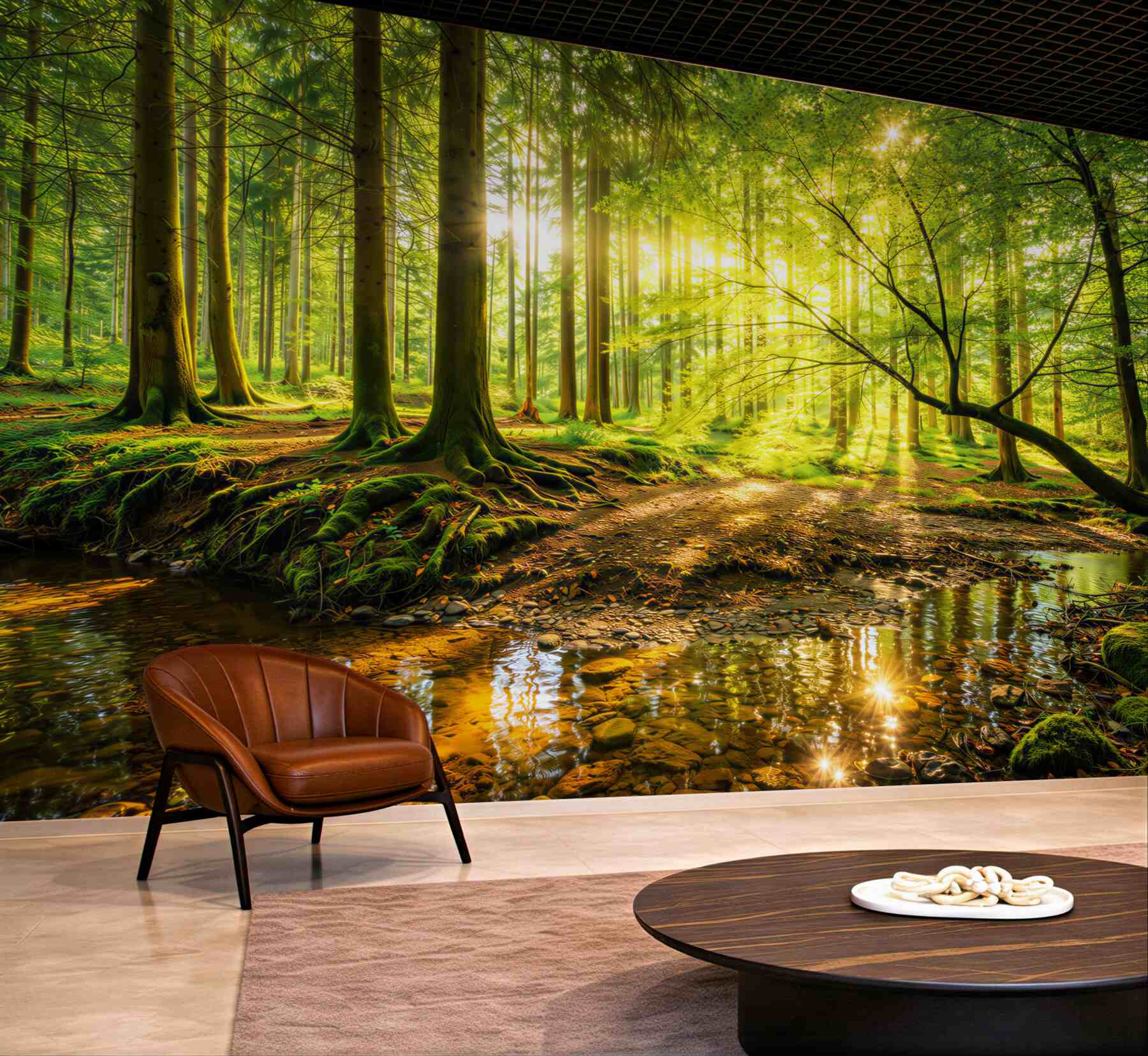 Fototapeta zielony las ze słońcem i strumieniem relaksująca natura
