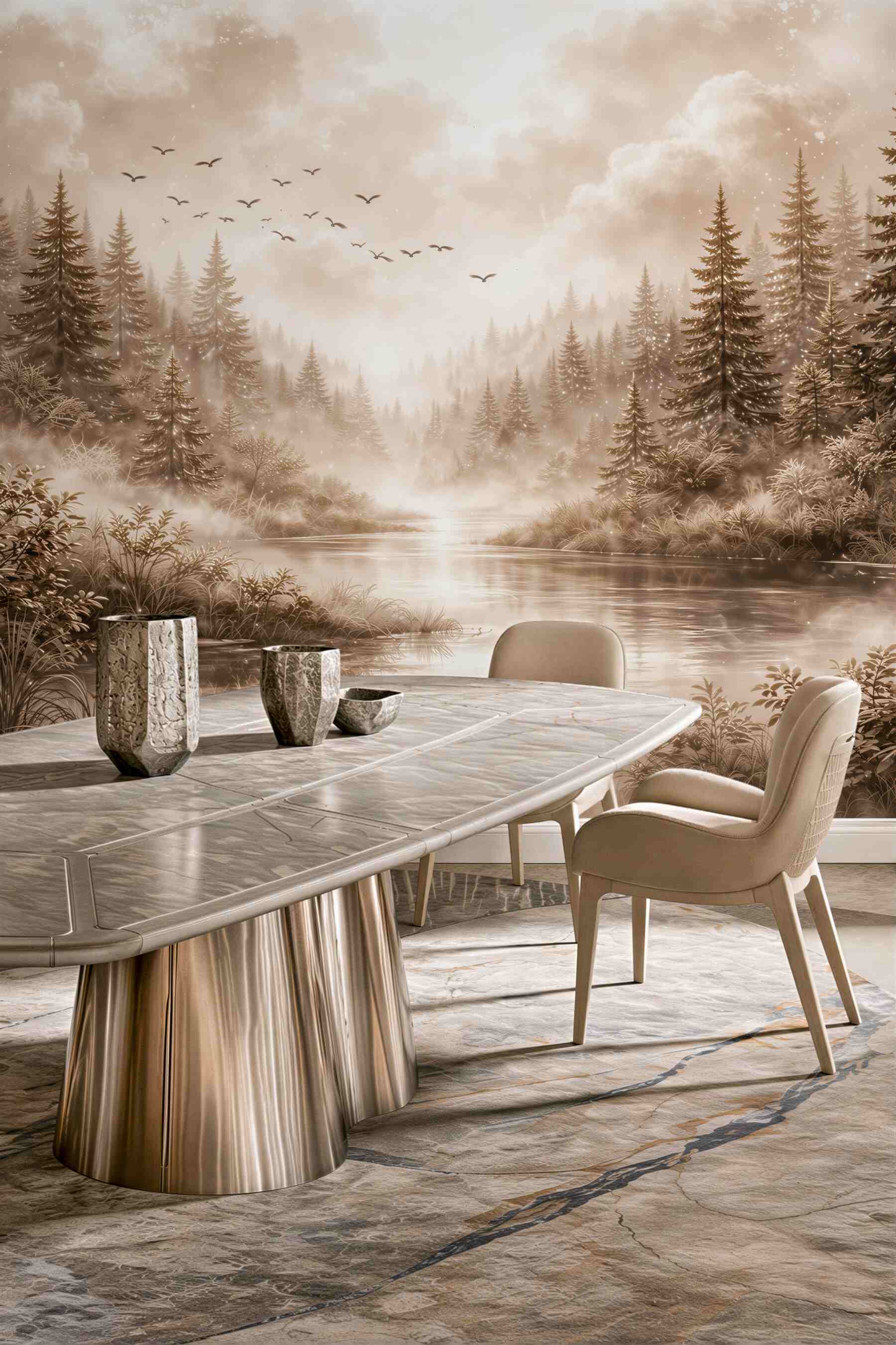 Fototapeta leśny krajobraz z rzeką we mgle sepia spokojna