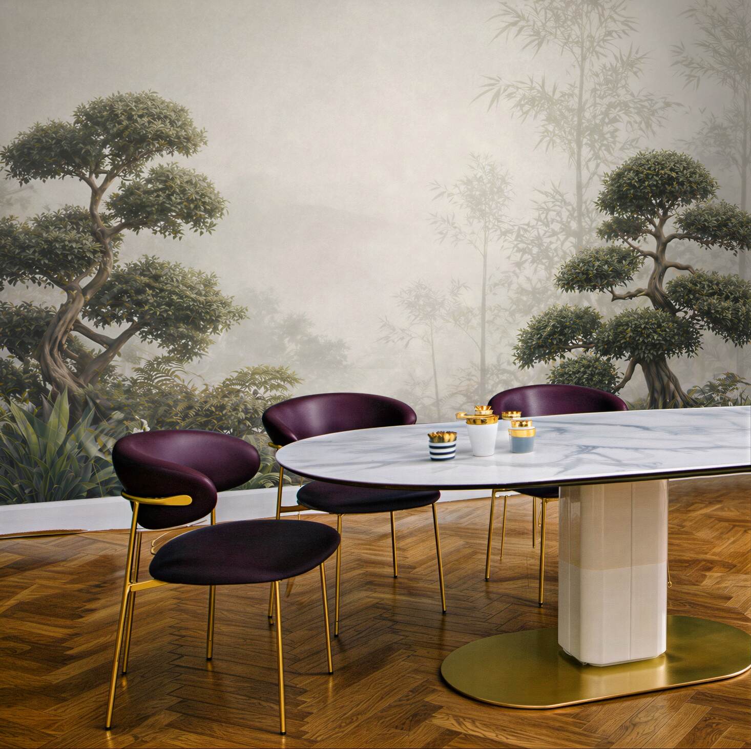 Fototapeta bonsai i bambus we mgle w stylu japońskiego ogrodu