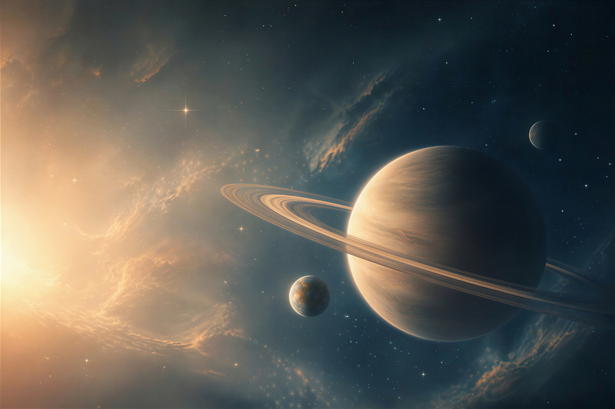 Fototapeta planeta z pierścieniami w kosmosie nowoczesna i nastrojowa