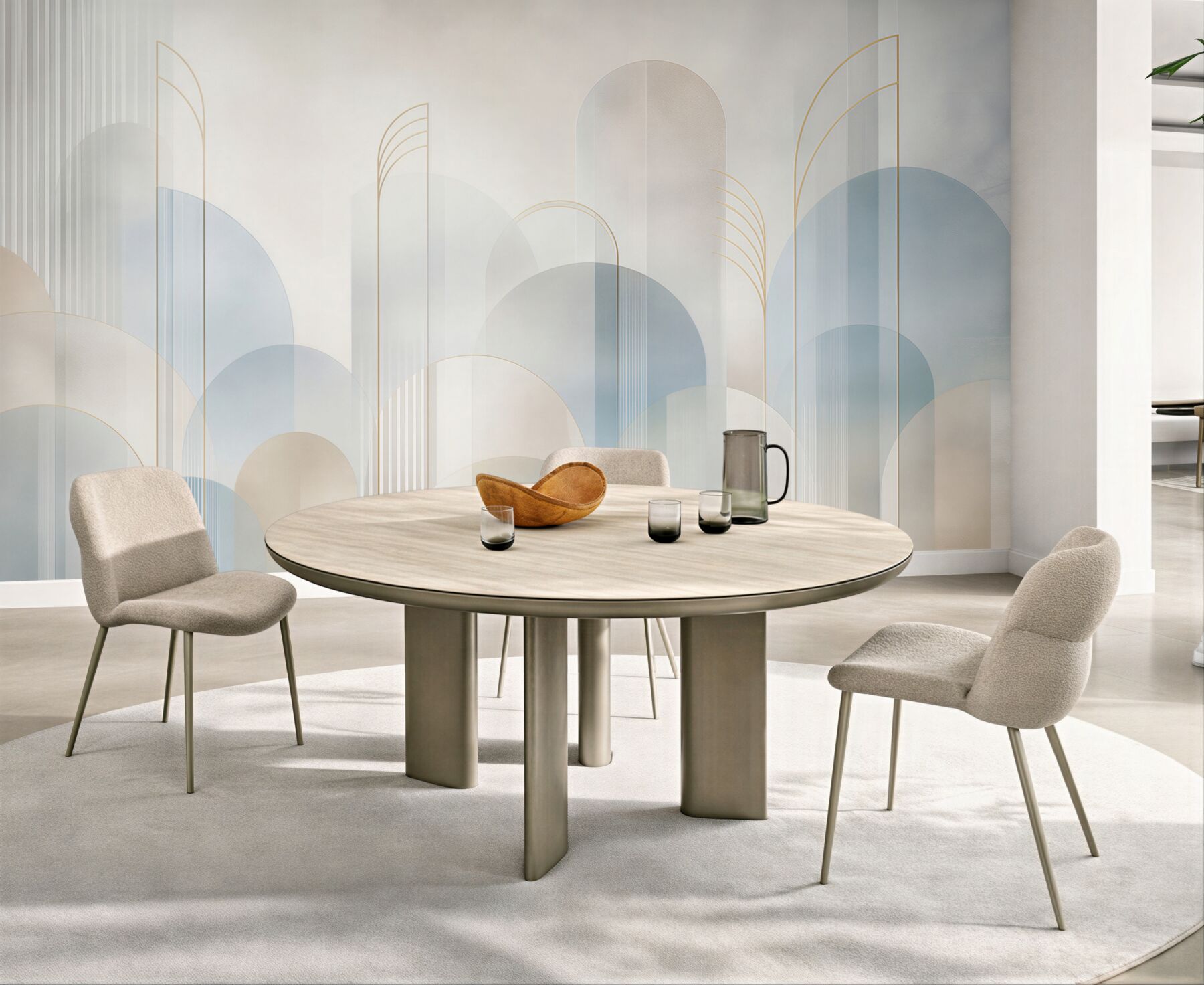 Fototapeta geometryczne łuki błękitno beżowe w stylu art déco