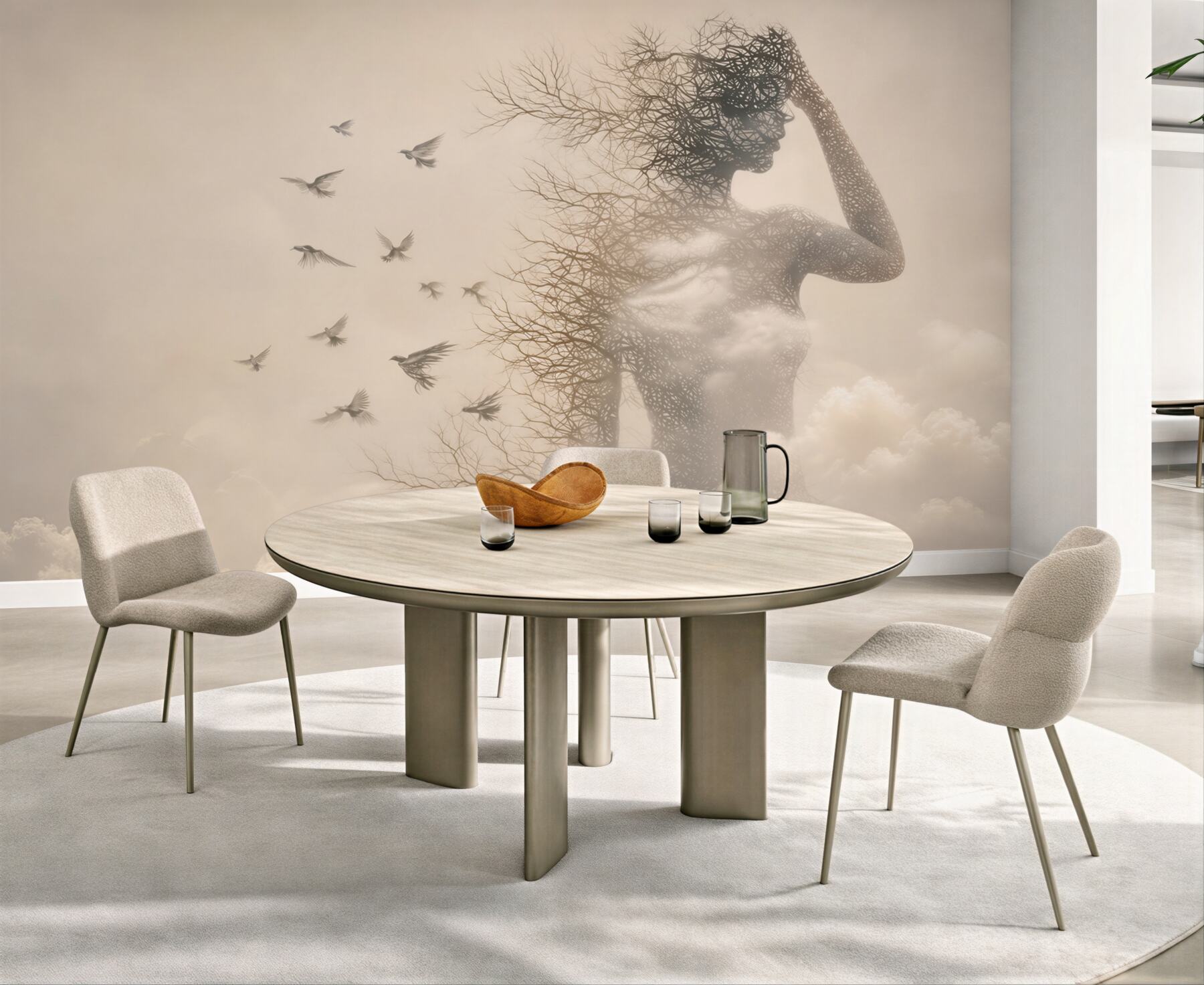 Fototapeta kobieca sylwetka z gałęzi i ptaków w chmurach surrealistyczna beżowa