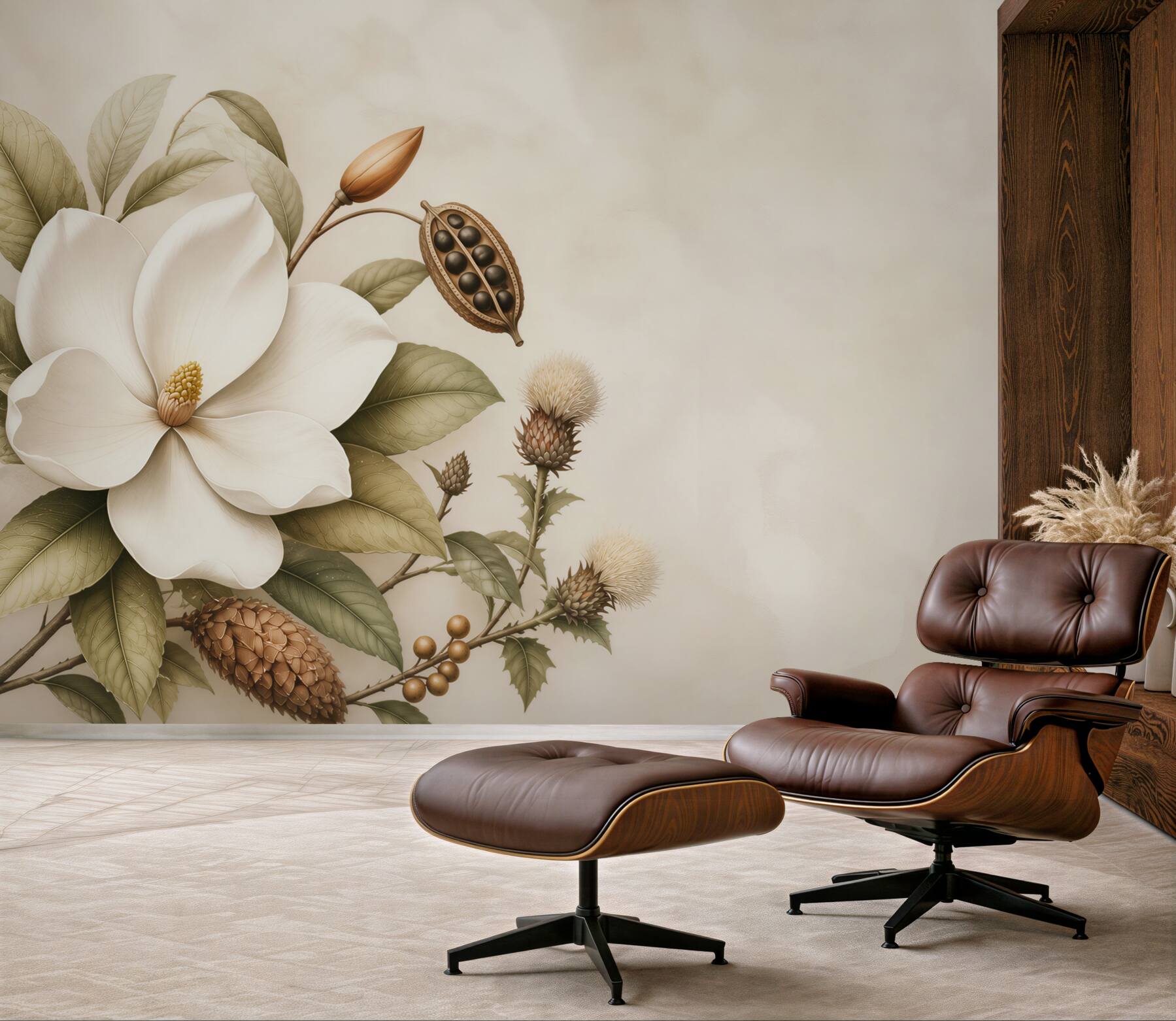 Fototapeta magnolia kremowa z liśćmi w stylu botanicznym