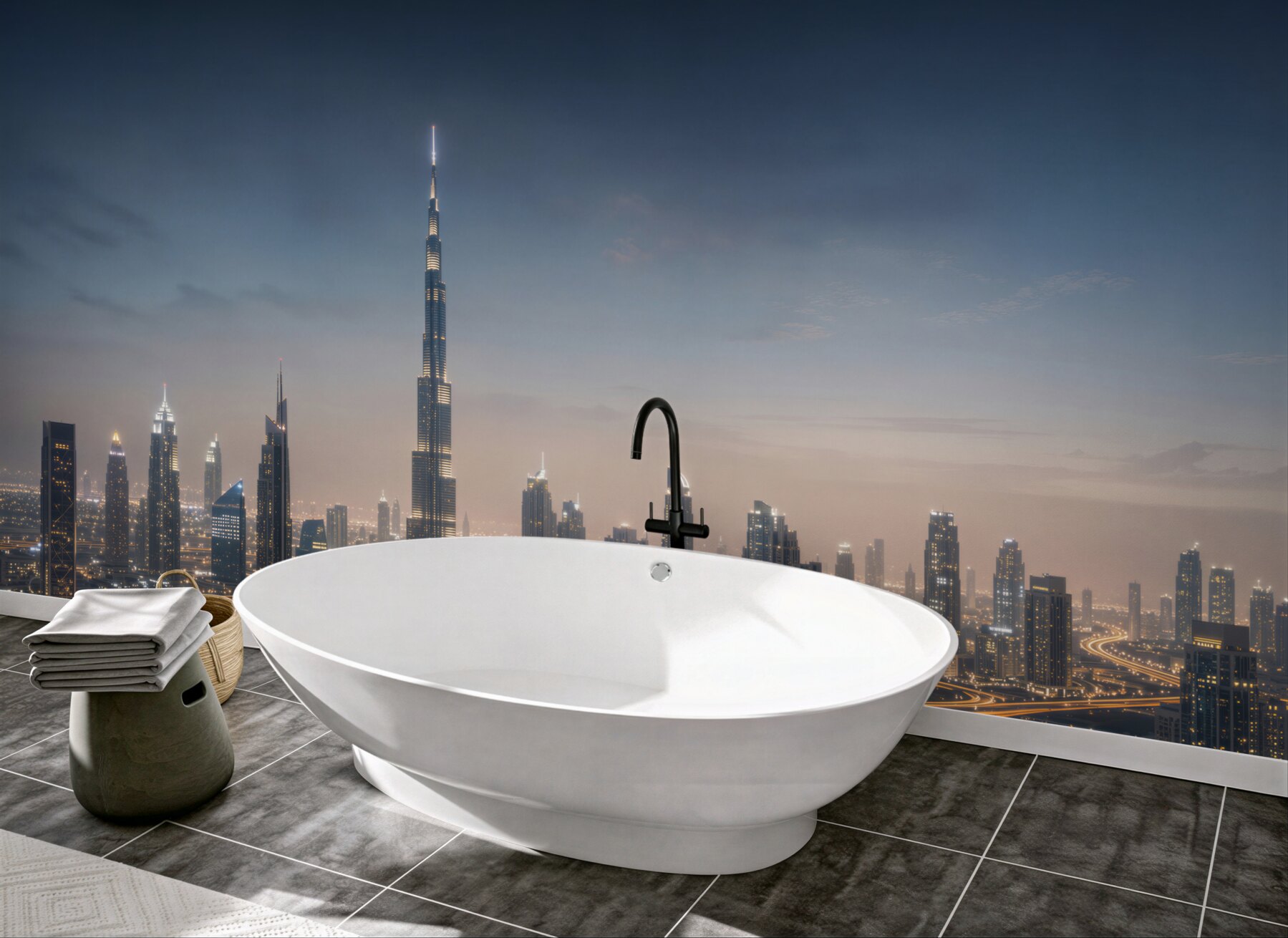 Fototapeta panorama Dubaju nocą z drapaczami chmur nad wodą