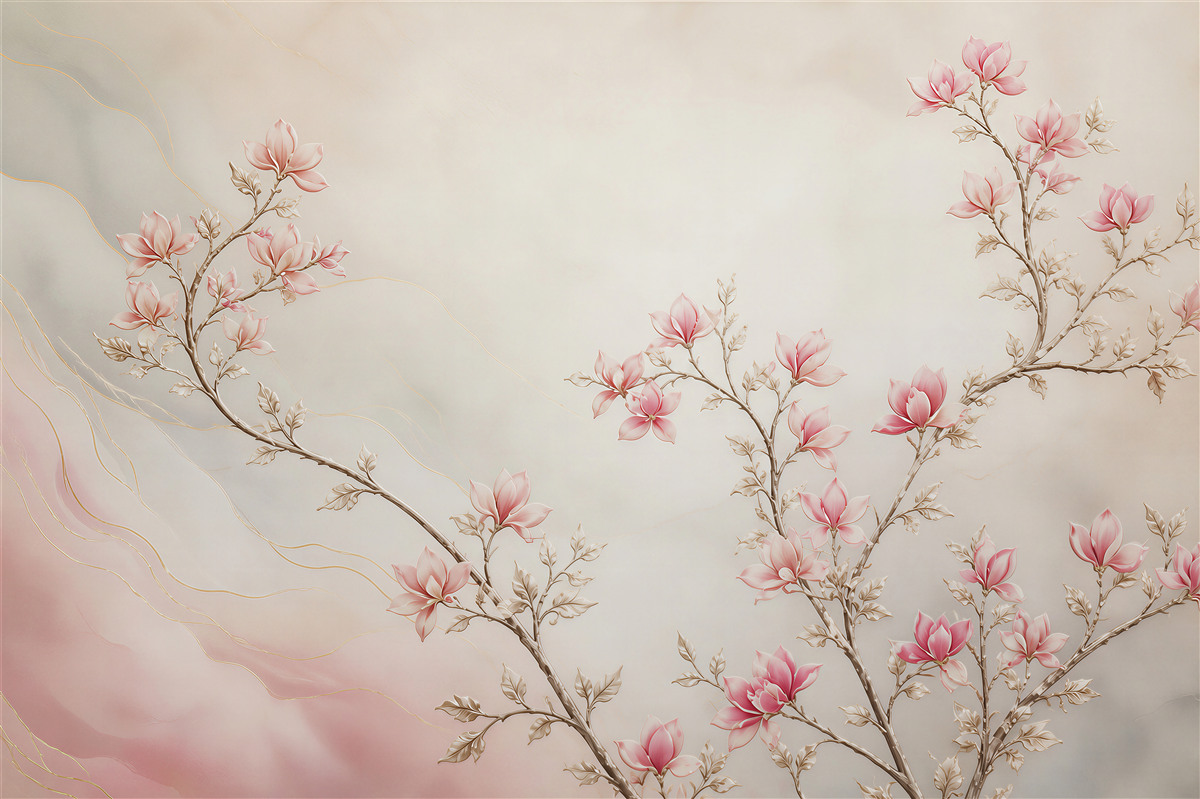 Fototapeta gałązki magnolii różowe z delikatnymi złotymi liniami