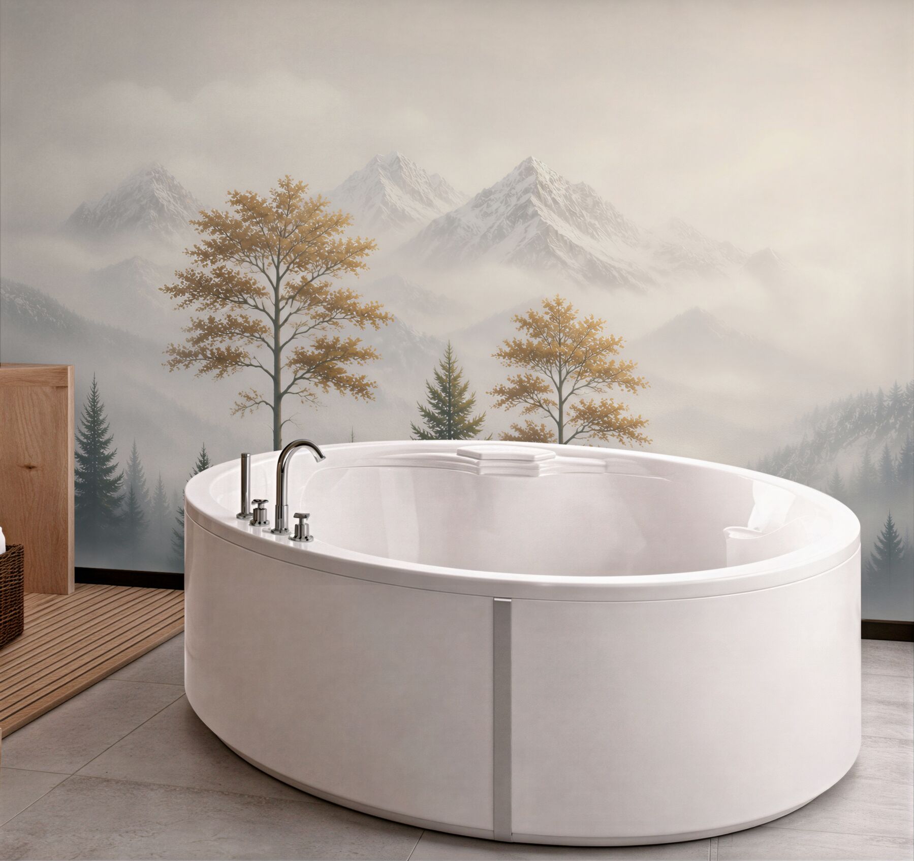 Fototapeta góry we mgle z lasem i złotymi drzewami spokojna
