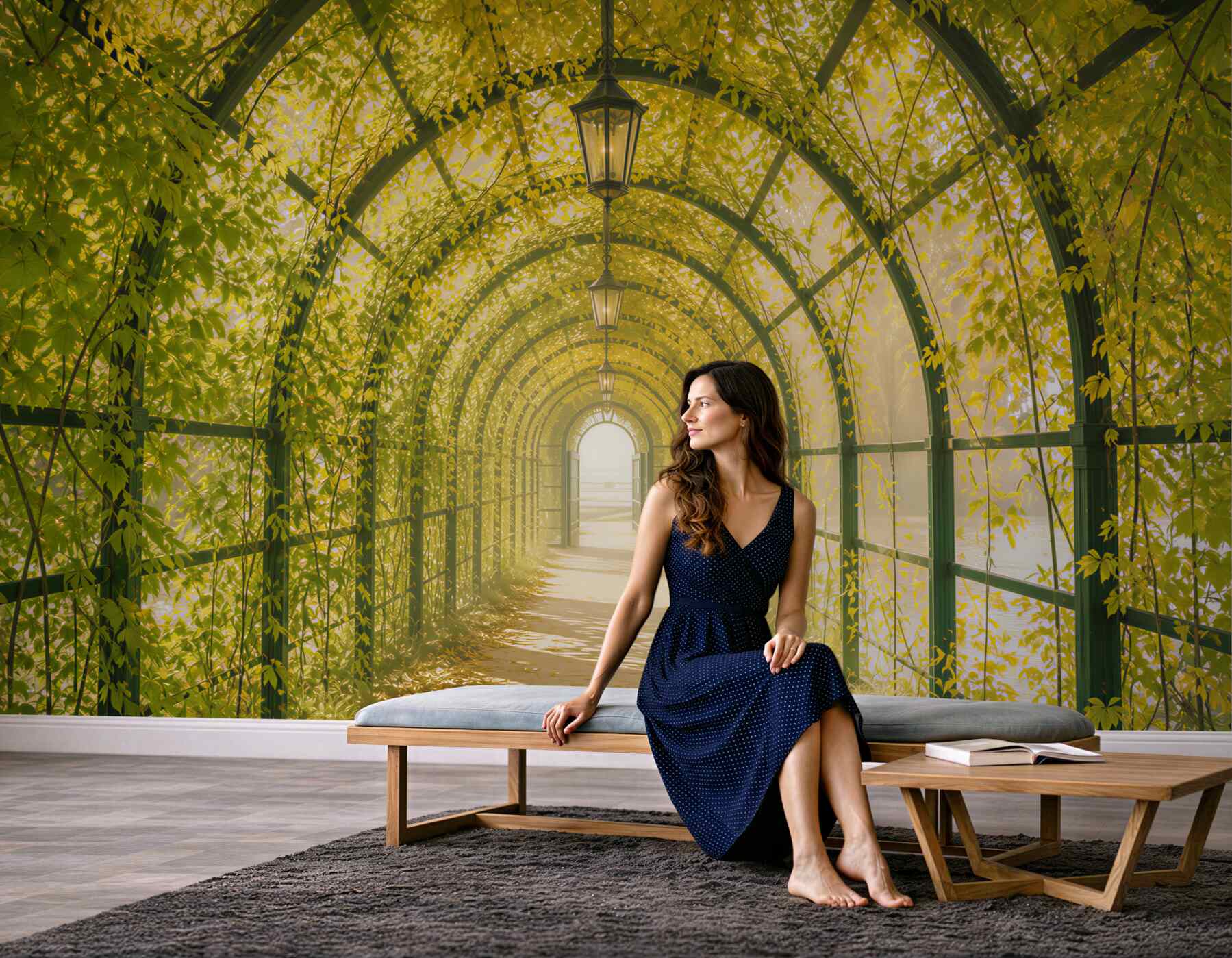 Fototapeta zielony tunel z pnączy i lampionów romantyczna alejka