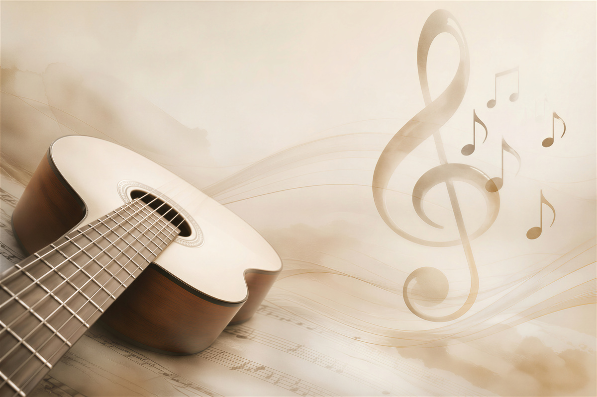 Fototapeta gitara i nuty w beżowych tonach do pokoju muzycznego