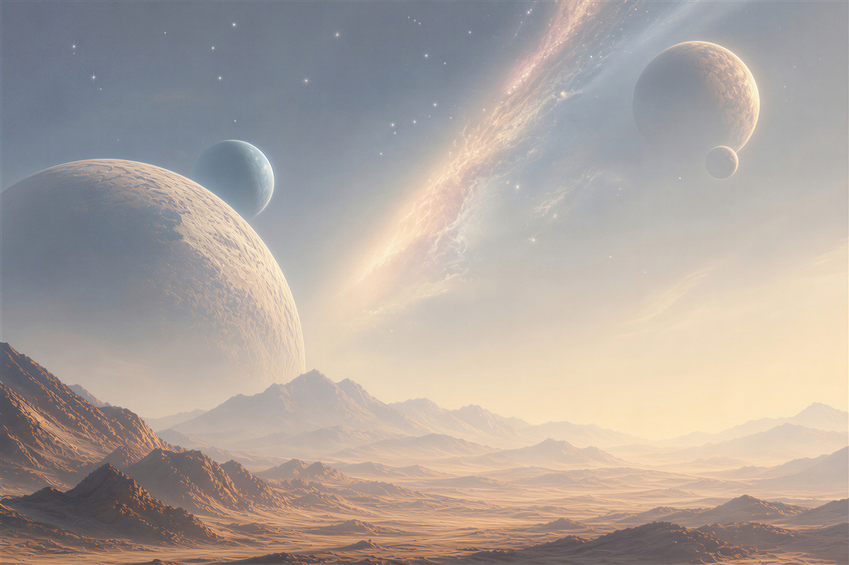 Fototapeta kosmiczny krajobraz z planetami i górami w jasnych barwach