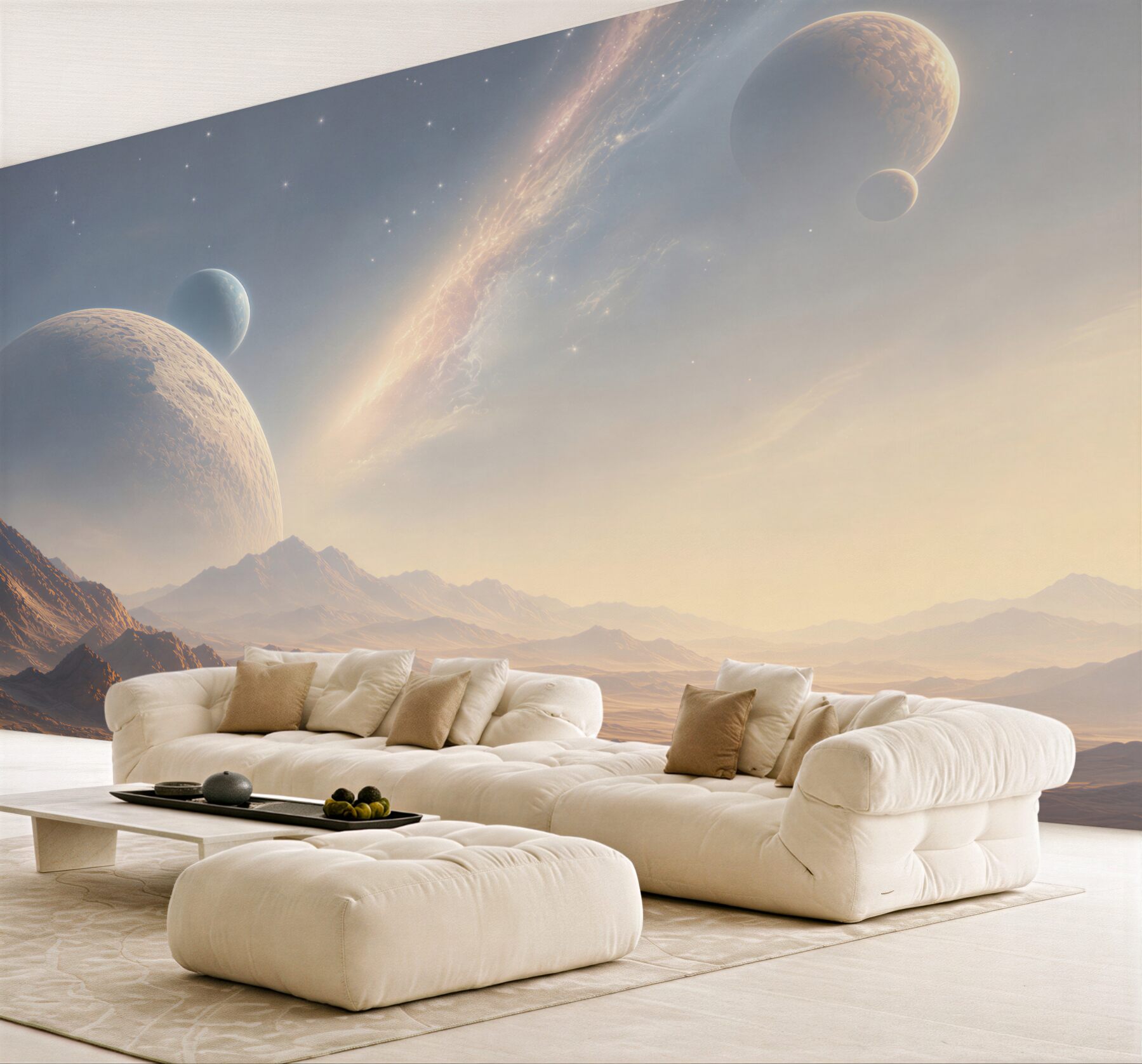 Fototapeta kosmiczny krajobraz z planetami i górami w jasnych barwach