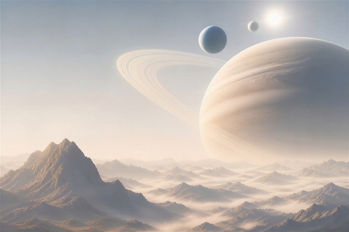 Fototapeta planeta z pierścieniami nad mglistymi górami futurystyczna