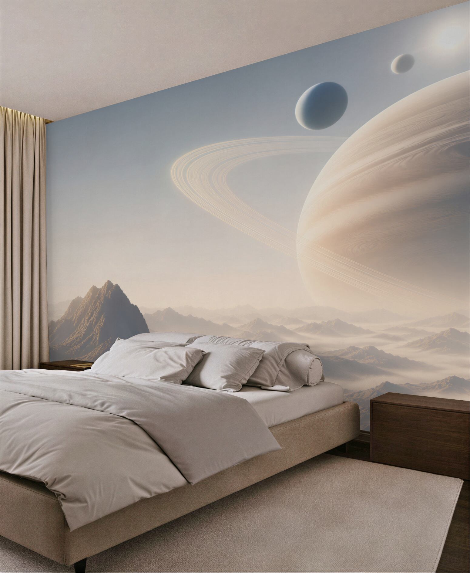 Fototapeta planeta z pierścieniami nad mglistymi górami futurystyczna