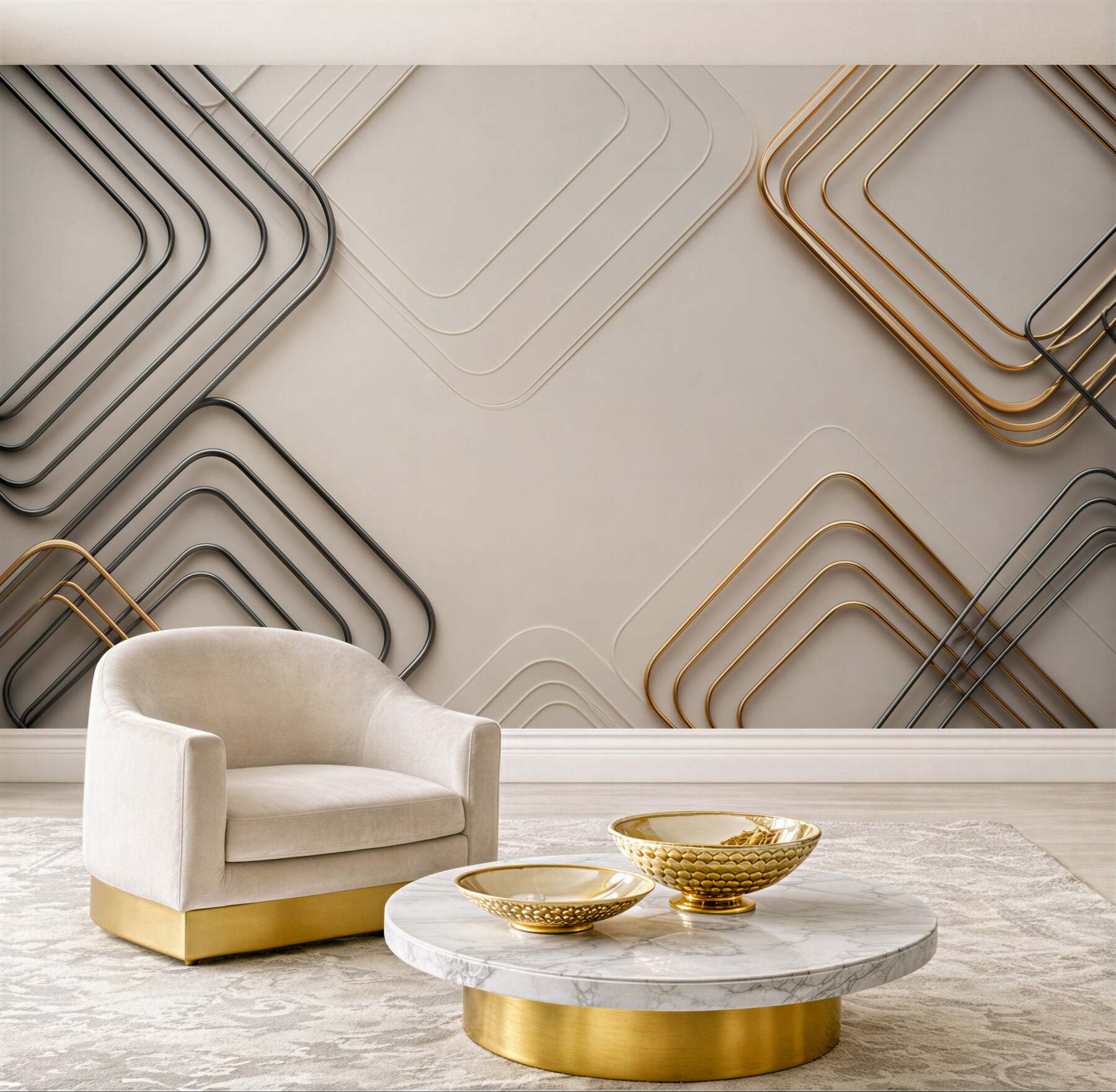 Fototapeta geometryczne złote i grafitowe linie 3D na beżowym tle