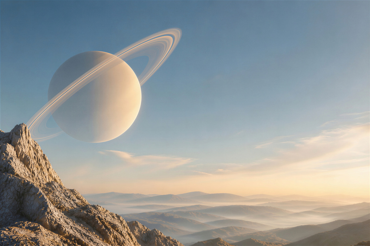 Fototapeta planeta z pierścieniami nad górskim krajobrazem fantasy