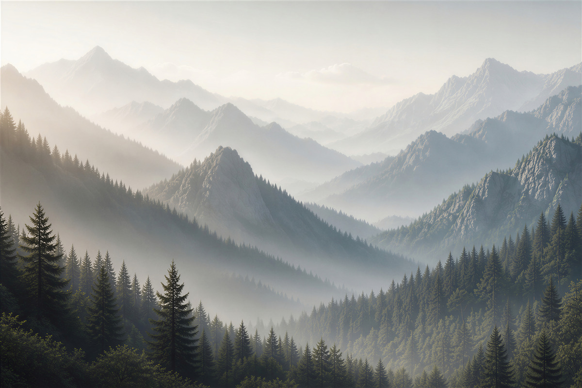 Fototapeta góry we mgle z lasem świerkowym spokojna panorama