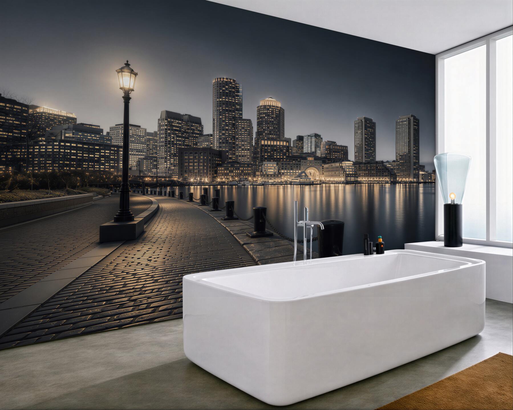 Fototapeta panorama miasta nocą nad wodą elegancka do nowoczesnego salonu