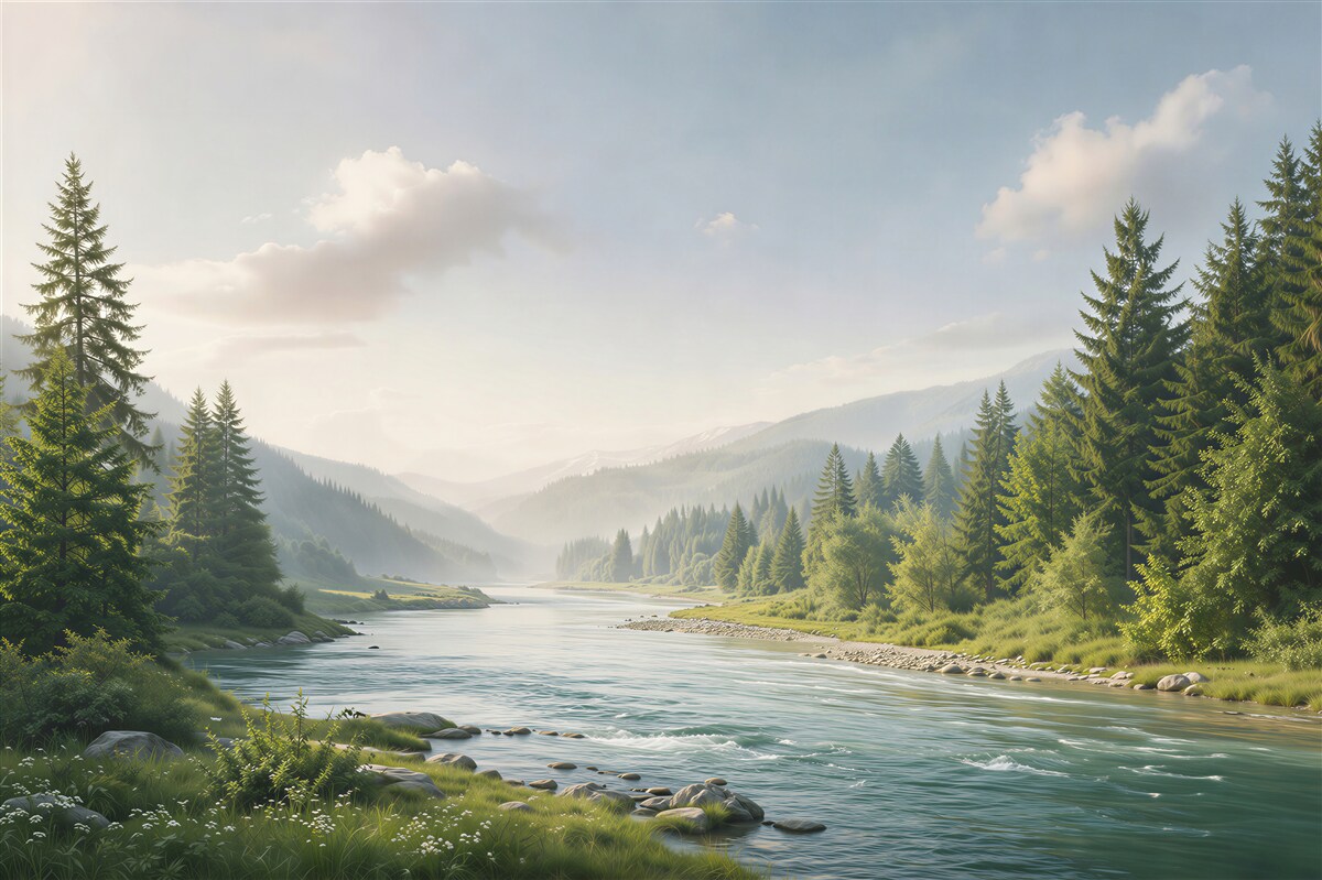 Fototapeta górska rzeka wśród sosnowego lasu spokojny krajobraz naturalny