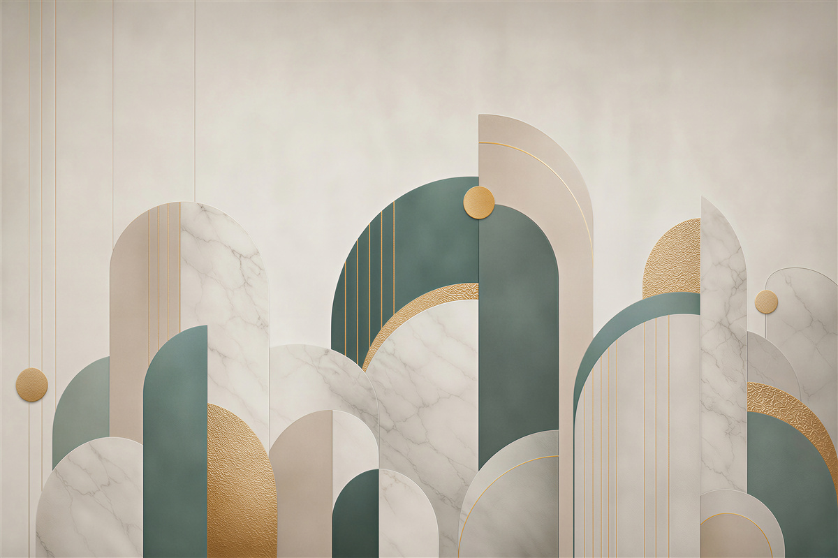 Fototapeta abstrakcyjne łuki art deco beżowo zielone ze złotymi akcentami