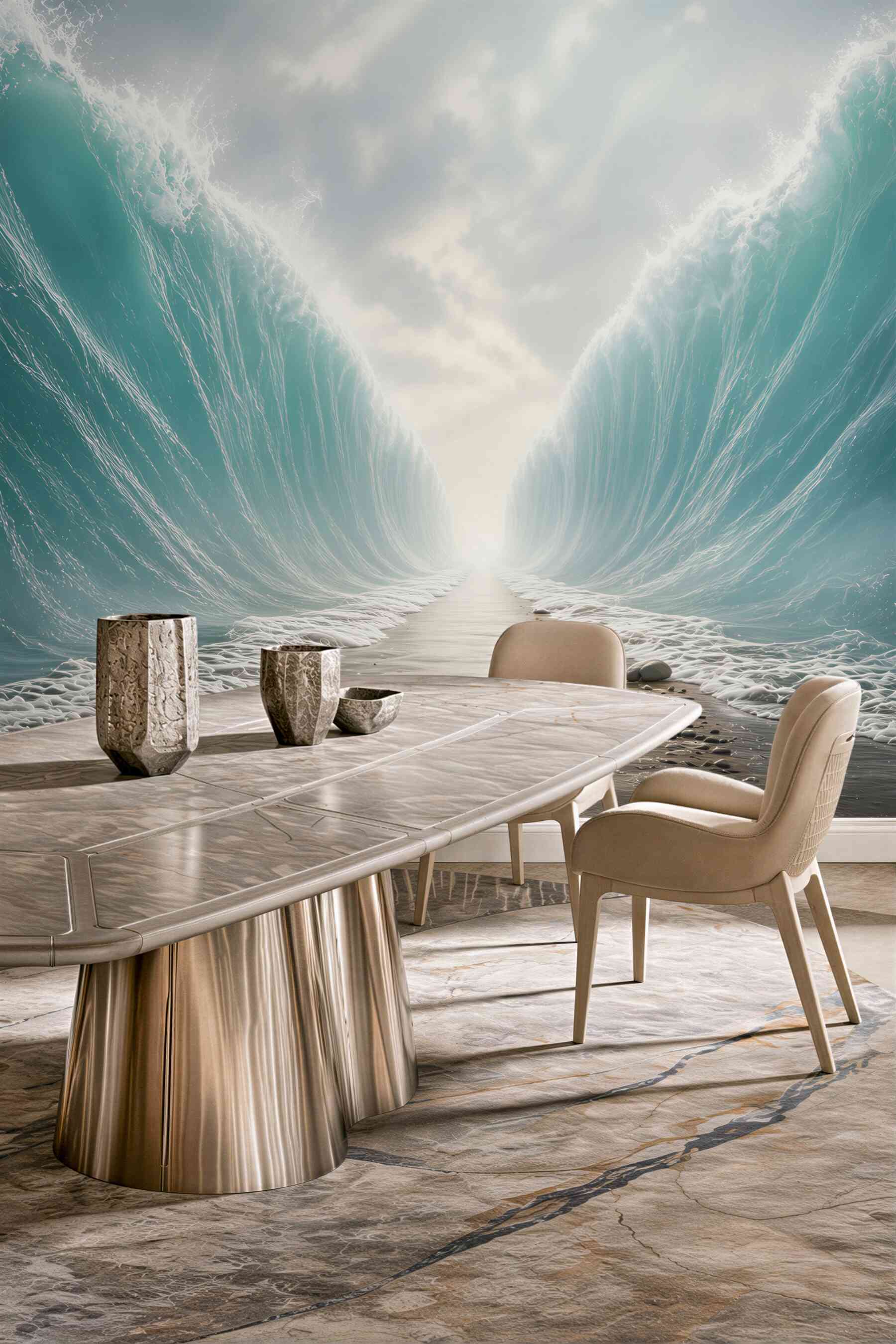 Fototapeta rozstąpione fale oceanu turkusowe z plażą i niebem