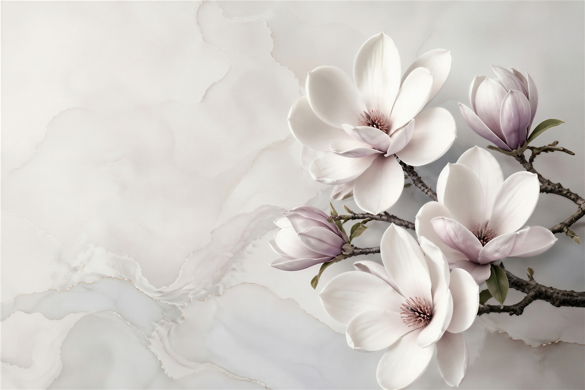 Fototapeta magnolie białe i pudroworóżowe na jasnym marmurowym tle