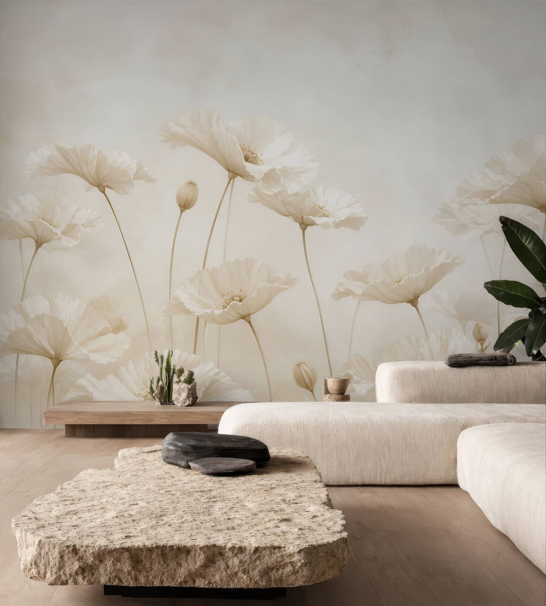 Fototapeta białe maki beżowe delikatne kwiaty do eleganckiego wnętrza