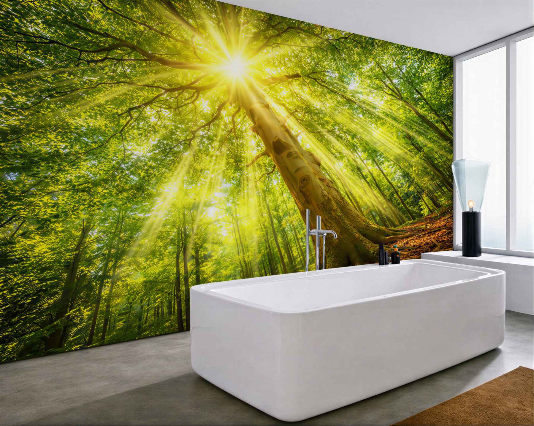 Fototapeta słoneczny las z promieniami słońca zielona natura