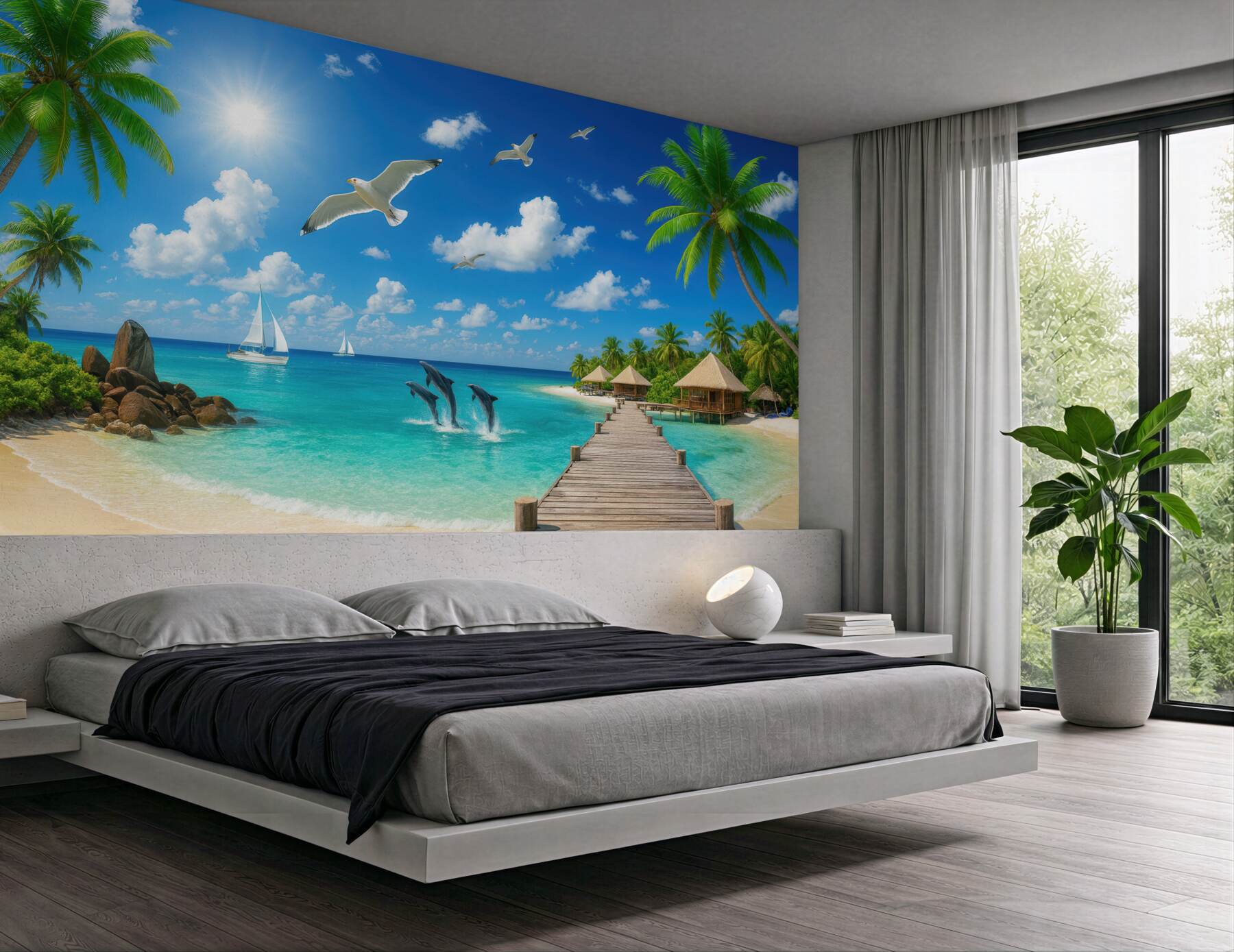 Fototapeta rajska plaża z delfinami i pomostem
